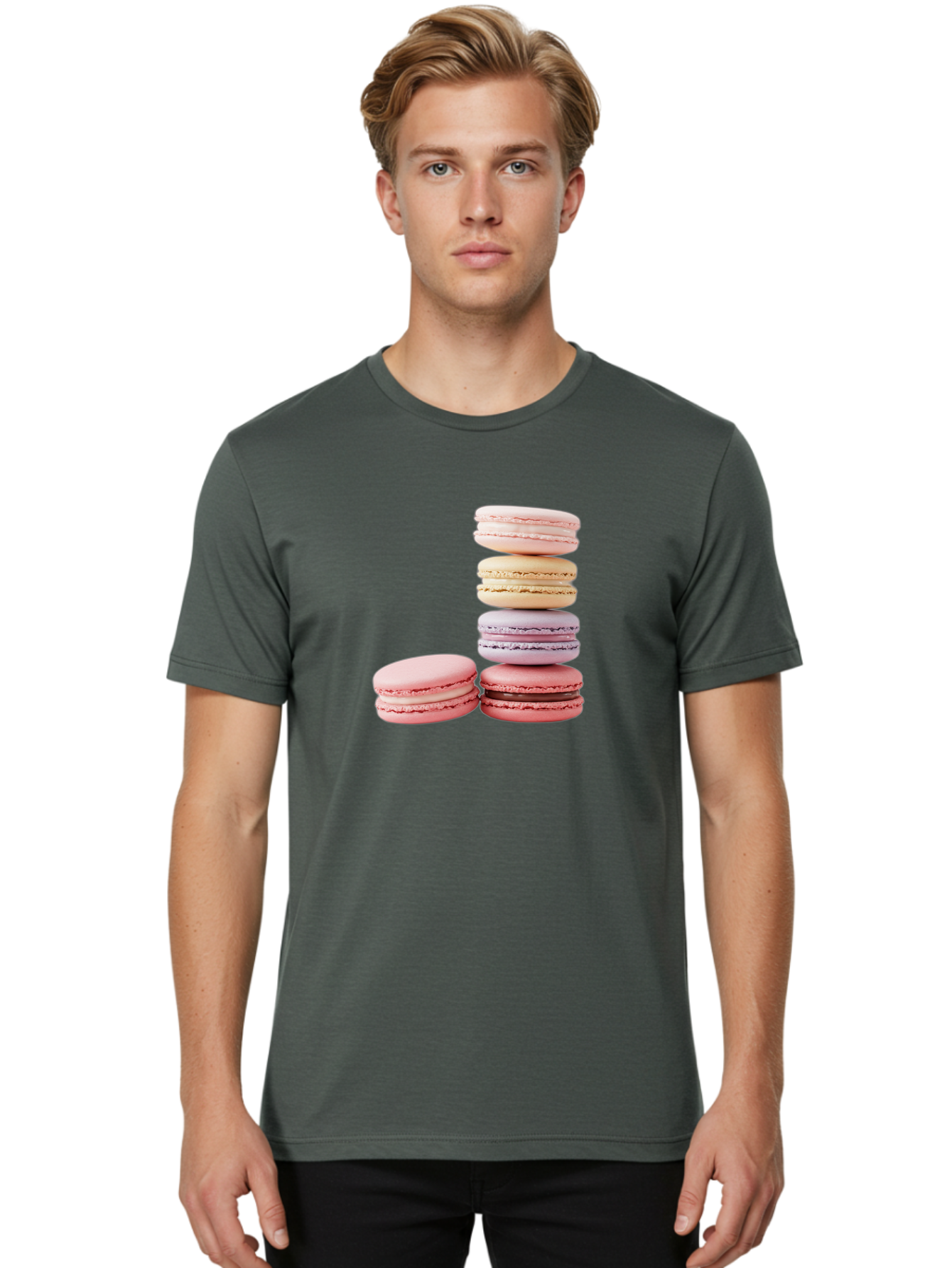Macarons-3 Men'S Graphic Tee, 100% Cotton, Comfortable Casual Summer Wear, Machine Washable, Stacked Macarons, Pastel Colors, Pink, Purple, Beige, Dessert, Sweet Treats, French Macarons, Delicate Meringue-Based Cookies, Creamy Fillings, Baa947 30