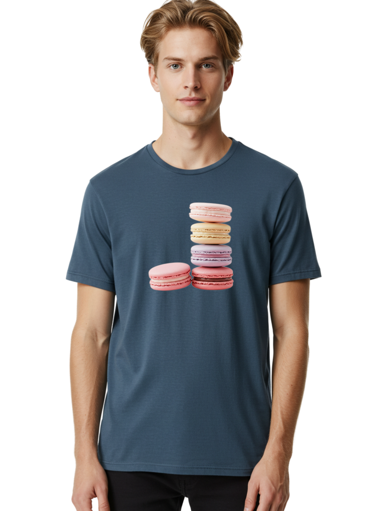Macarons-3 Men'S Graphic Tee, 100% Cotton, Comfortable Casual Summer Wear, Machine Washable, Stacked Macarons, Pastel Colors, Pink, Purple, Beige, Dessert, Sweet Treats, French Macarons, Delicate Meringue-Based Cookies, Creamy Fillings, Baa947 12