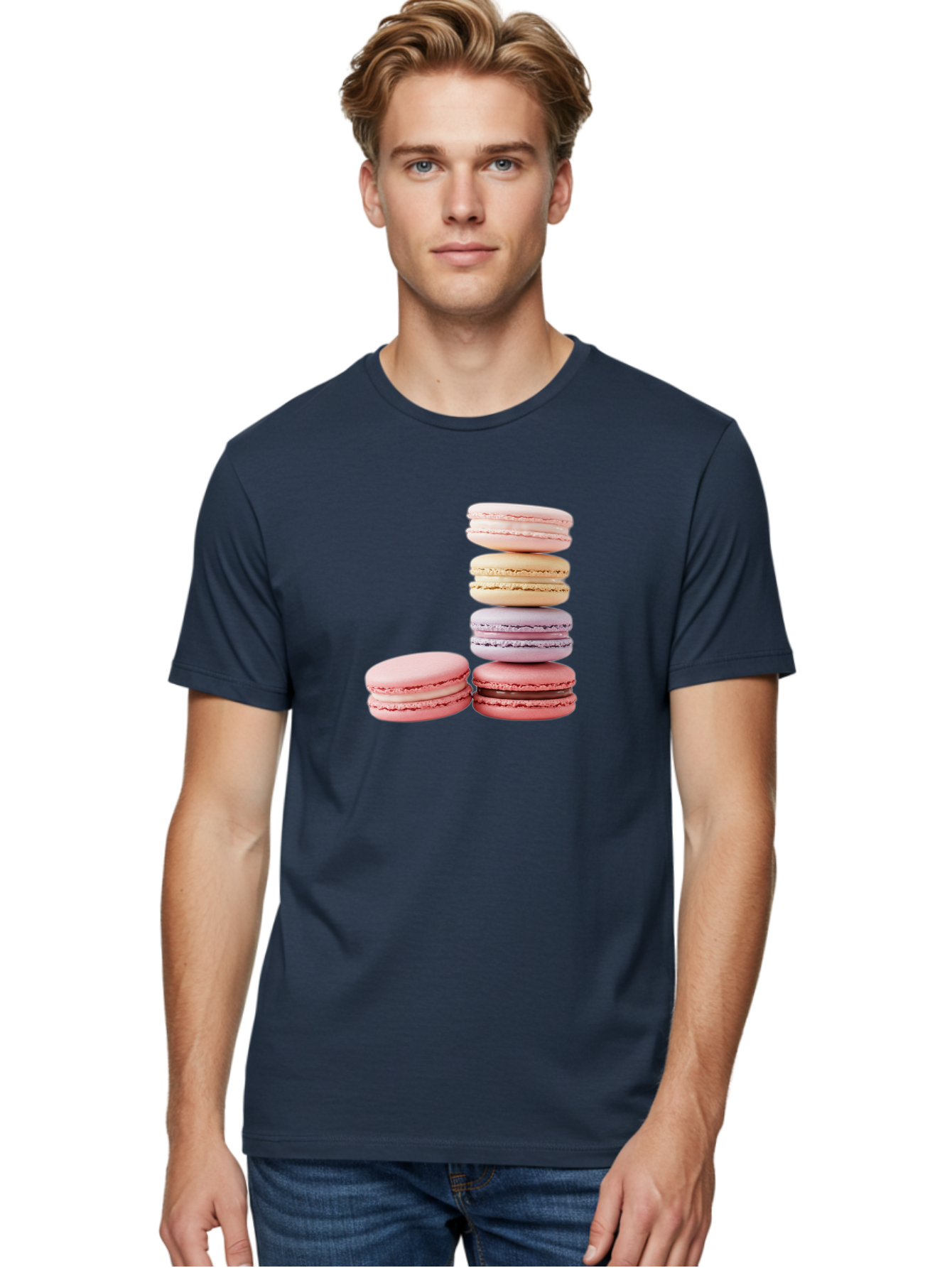 Macarons-3 Men'S Graphic Tee, 100% Cotton, Comfortable Casual Summer Wear, Machine Washable, Stacked Macarons, Pastel Colors, Pink, Purple, Beige, Dessert, Sweet Treats, French Macarons, Delicate Meringue-Based Cookies, Creamy Fillings, Baa947 28