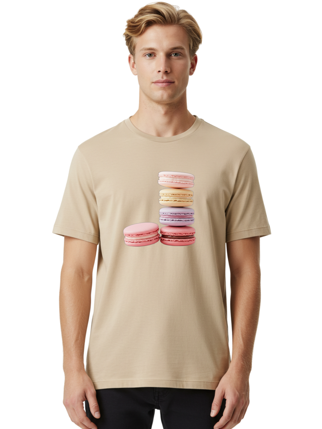 Macarons-3 Men'S Graphic Tee, 100% Cotton, Comfortable Casual Summer Wear, Machine Washable, Stacked Macarons, Pastel Colors, Pink, Purple, Beige, Dessert, Sweet Treats, French Macarons, Delicate Meringue-Based Cookies, Creamy Fillings, Baa947 22