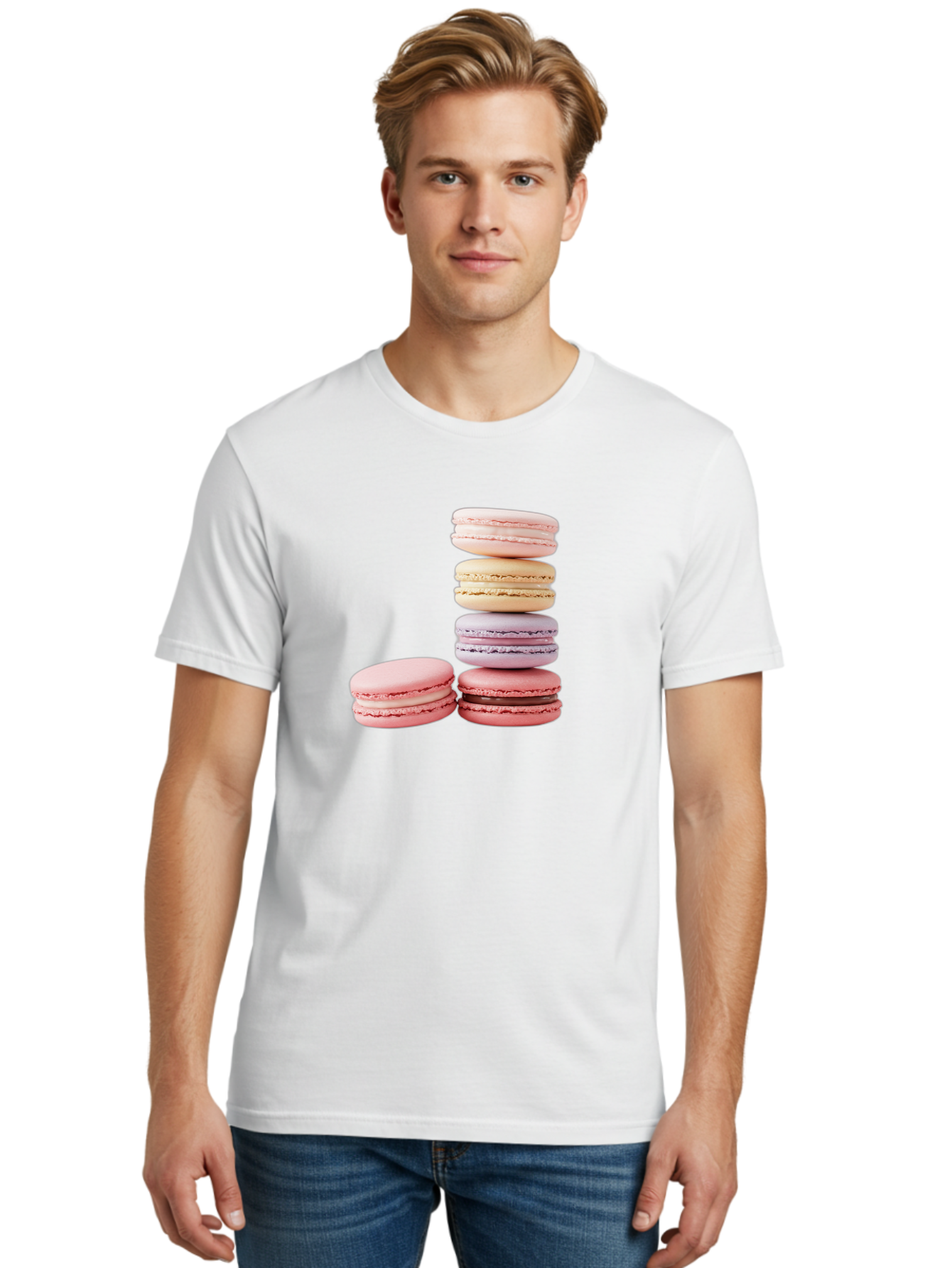Macarons-3 Men'S Graphic Tee, 100% Cotton, Comfortable Casual Summer Wear, Machine Washable, Stacked Macarons, Pastel Colors, Pink, Purple, Beige, Dessert, Sweet Treats, French Macarons, Delicate Meringue-Based Cookies, Creamy Fillings, Baa947 16