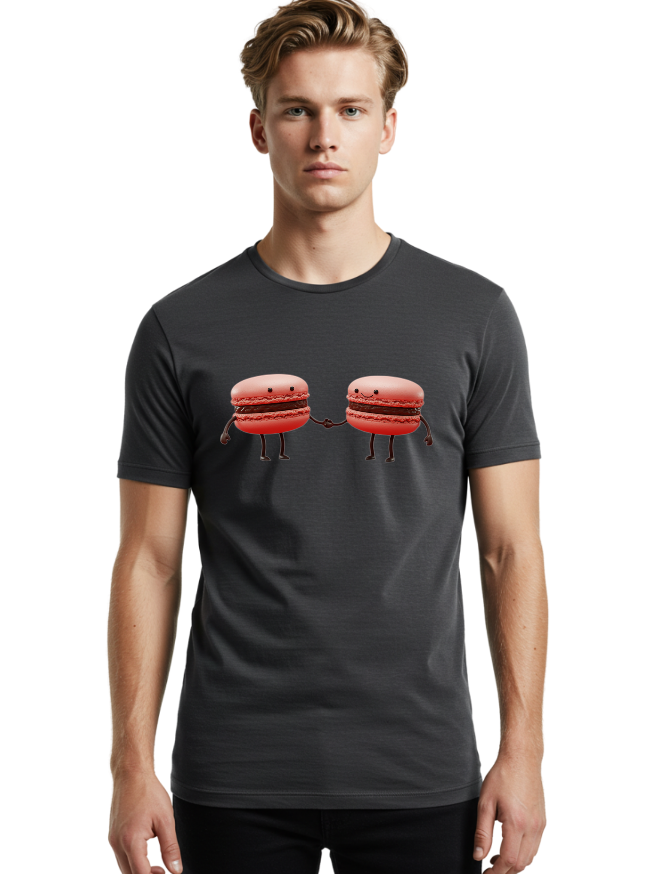 Macarons-6 Men'S Graphic Tee, 100% Cotton, Comfortable Casual Summer Wear, Machine Washable, Cartoon Macarons, Holding Hands, French Dessert, Sweet Treats, Adorable Characters, Whimsical Design, Playful Illustration, Pink Macarons, Baa950 14