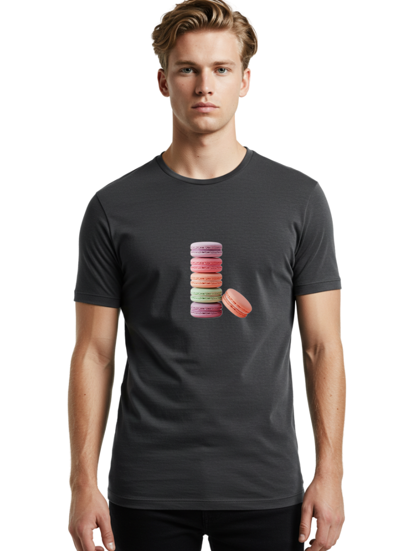 Macarons-Stack Men'S Graphic Tee, 100% Cotton, Comfortable Casual Summer Wear, Machine Washable, Colorful Macarons, Stacked Macarons, Pastel Colors, Sweet Treats, French Desserts, Delicate Cookies, Vibrant Hues, Layered Macarons Baa959 18