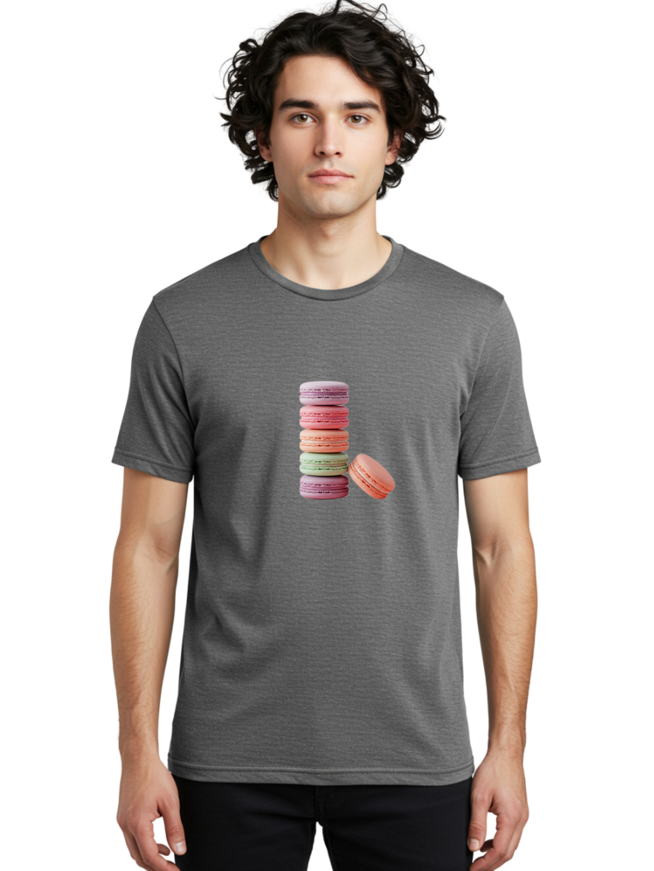 Macarons-Stack Men'S Graphic Tee, 100% Cotton, Comfortable Casual Summer Wear, Machine Washable, Colorful Macarons, Stacked Macarons, Pastel Colors, Sweet Treats, French Desserts, Delicate Cookies, Vibrant Hues, Layered Macarons Baa959 24