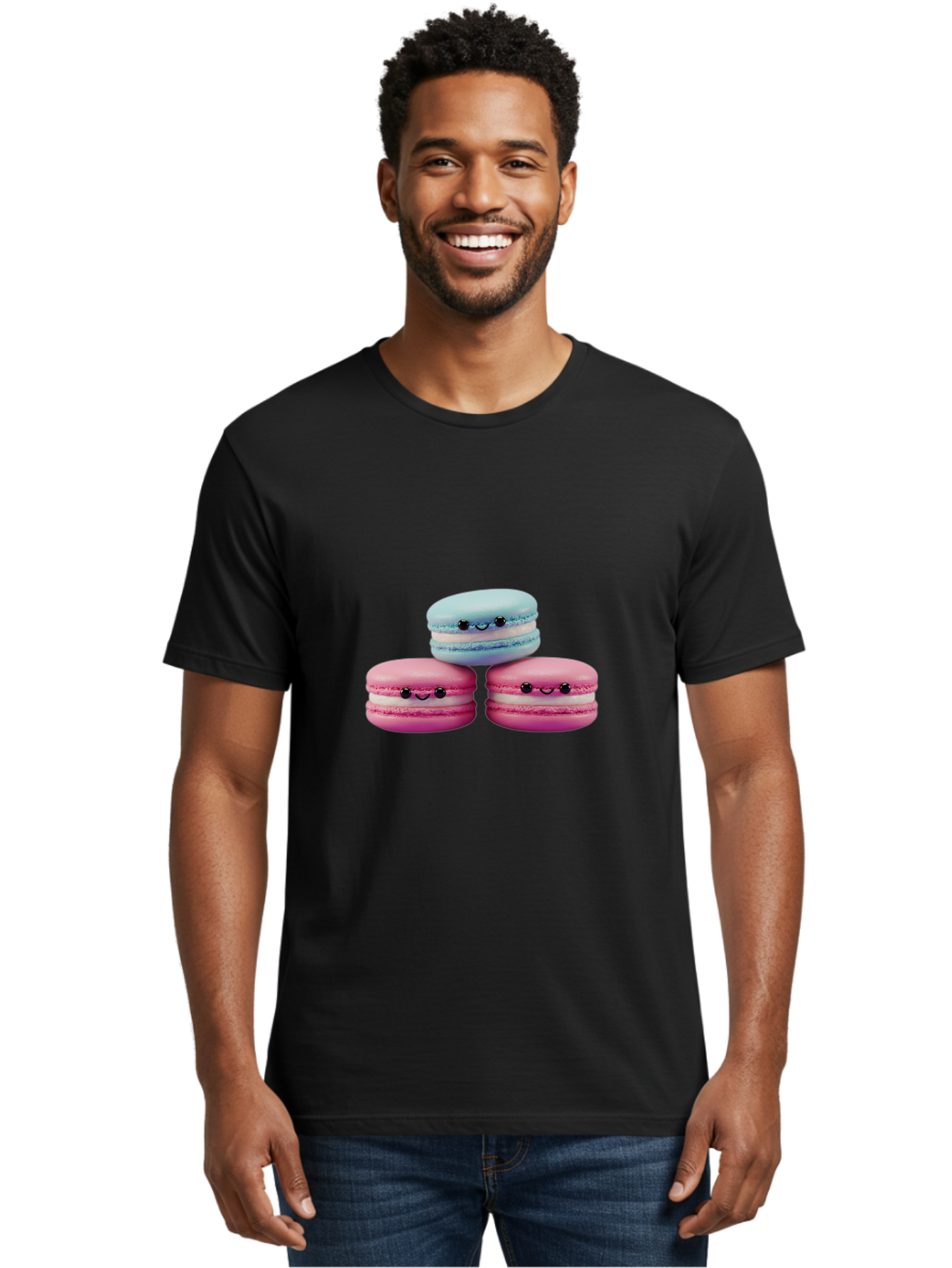 Macarons Men'S Graphic Tee, 100% Cotton, Comfortable Casual Summer Wear, Machine Washable, Macarons, French Dessert, Sweet Treats, Pink And Blue Colors, Cute Faces, Smile Faces, Black Eyes, Food Art, Bakery Delights, Dessert Lovers Baa962 12