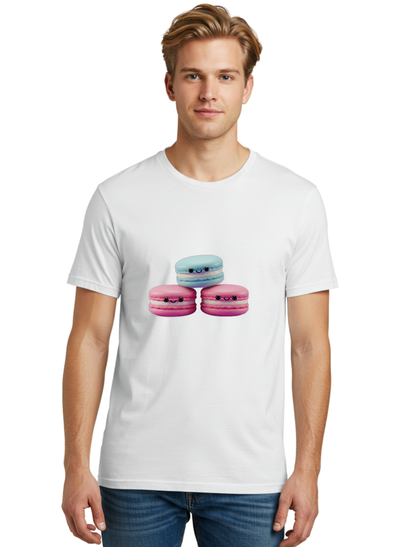 Macarons Men'S Graphic Tee, 100% Cotton, Comfortable Casual Summer Wear, Machine Washable, Macarons, French Dessert, Sweet Treats, Pink And Blue Colors, Cute Faces, Smile Faces, Black Eyes, Food Art, Bakery Delights, Dessert Lovers Baa962 26