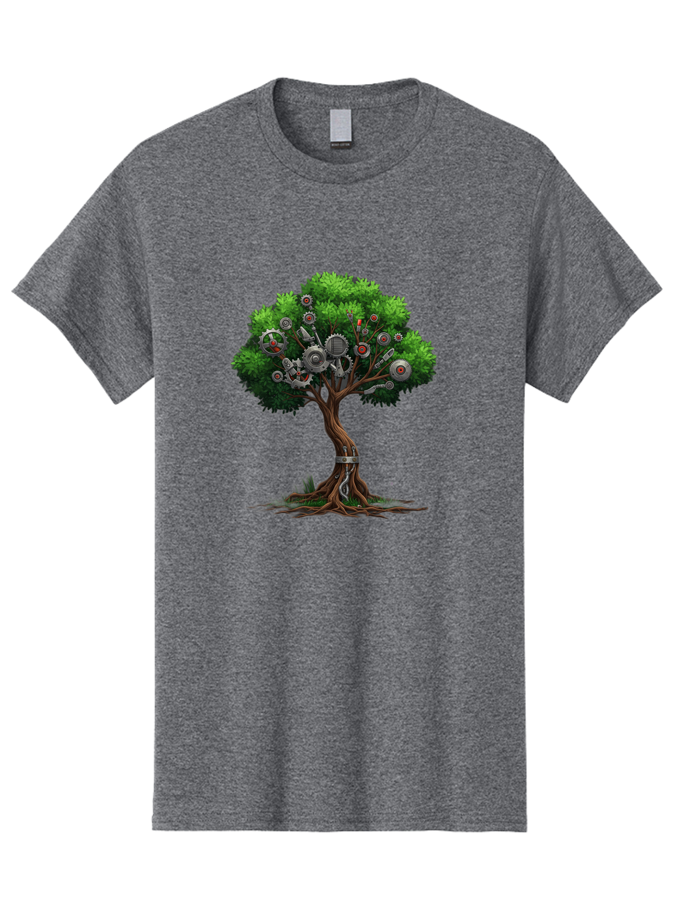 Machine-Tree Men'S Graphic Tee, 100% Cotton, Comfortable Casual Summer Wear, Machine Washable, Tree With Mechanical Parts, Gears And Machinery, Futuristic Design, Industrial Elements, Natural Meets Technology, Eco-Friendly Innovation, Baa963 21