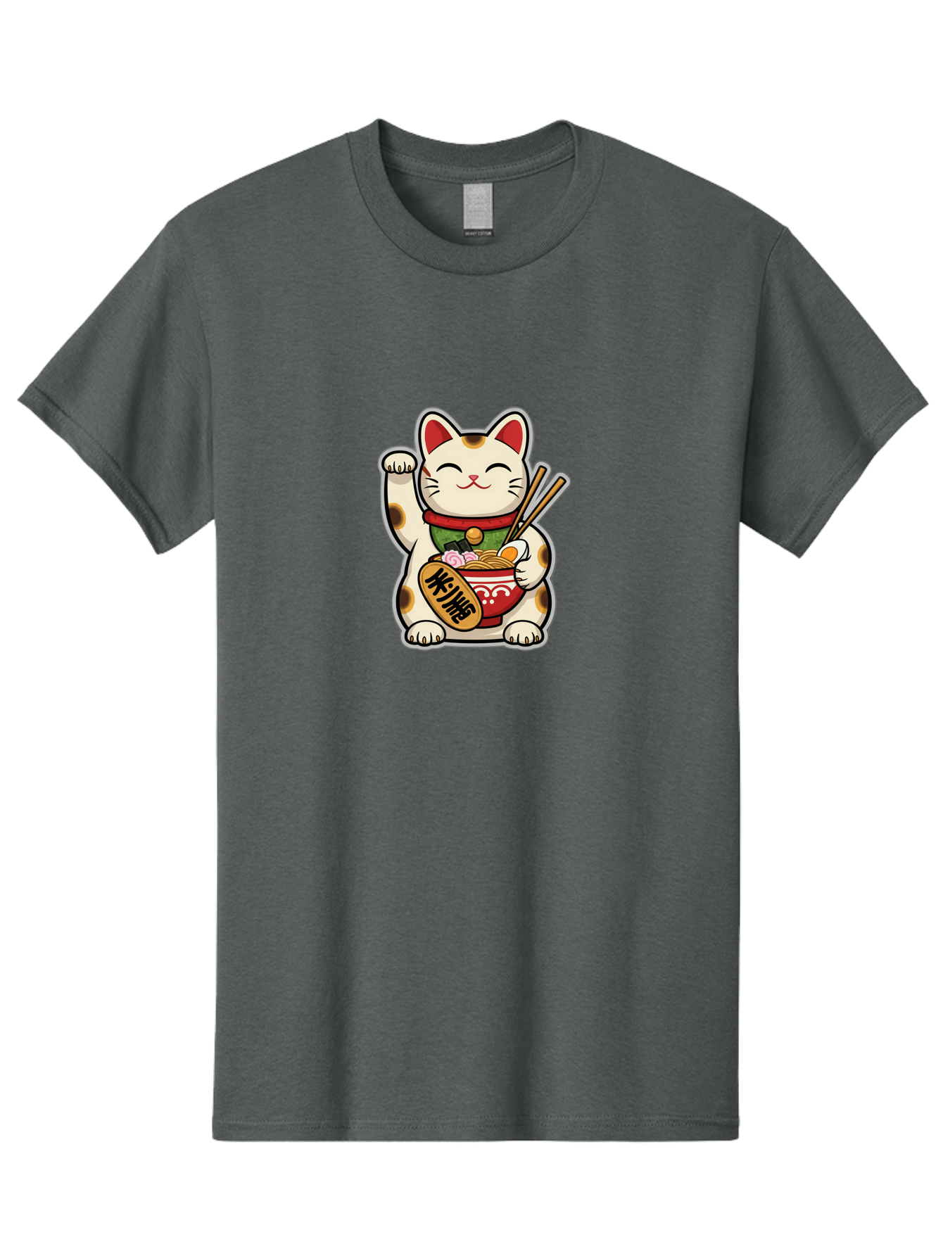 Maneki-Neko Men'S Graphic Tee, 100% Cotton, Comfortable Casual Summer Wear, Machine Washable, Lucky Cat Figurine, Beckoning Cat, Maneki Neko, Japanese Culture, Good Fortune Symbol, Cartoon Cat, Red And Green Collar, Bowl Of Noodles, Chopsticks Baa967 21