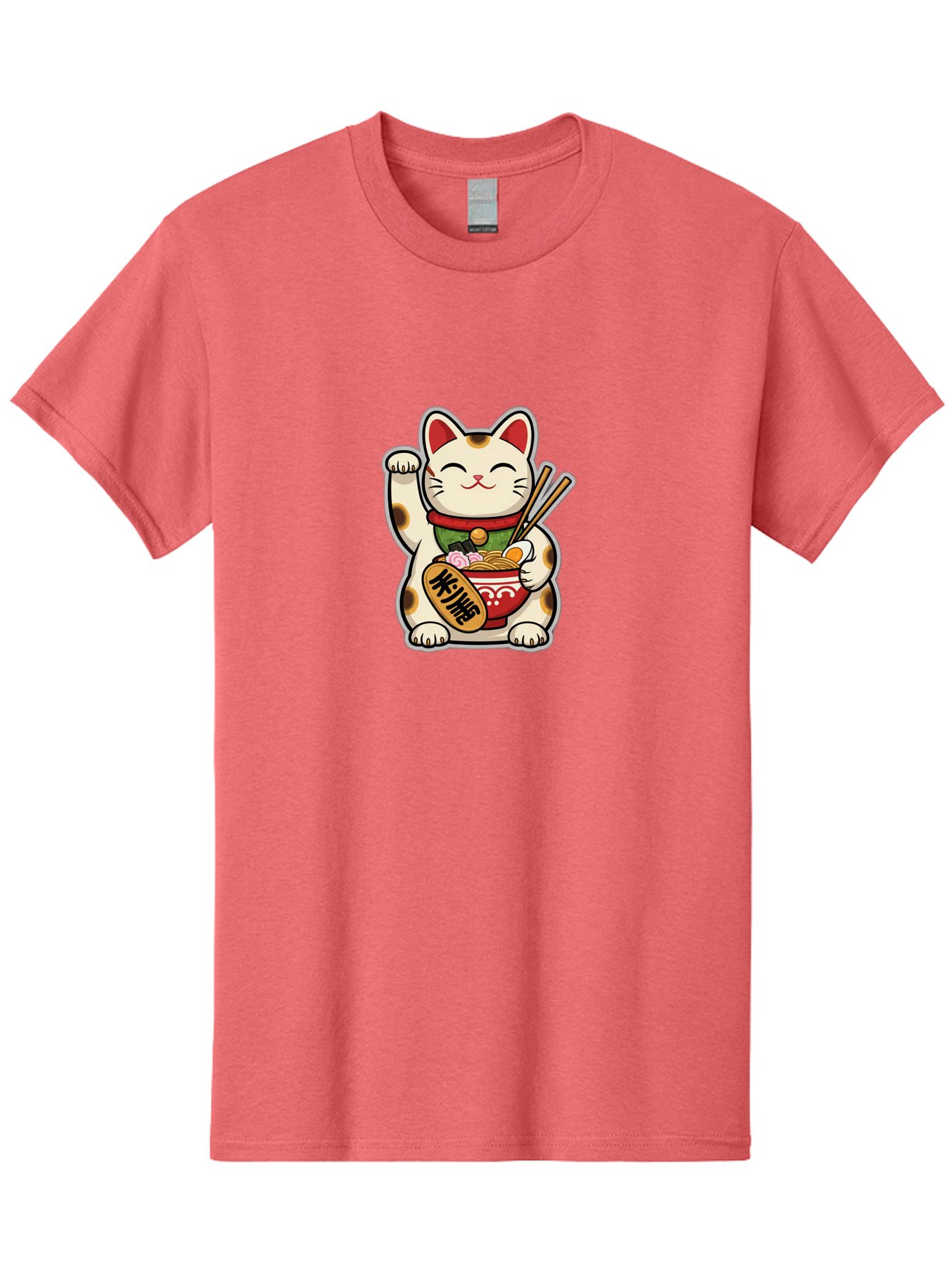 Maneki-Neko Men'S Graphic Tee, 100% Cotton, Comfortable Casual Summer Wear, Machine Washable, Lucky Cat Figurine, Beckoning Cat, Maneki Neko, Japanese Culture, Good Fortune Symbol, Cartoon Cat, Red And Green Collar, Bowl Of Noodles, Chopsticks Baa967 11