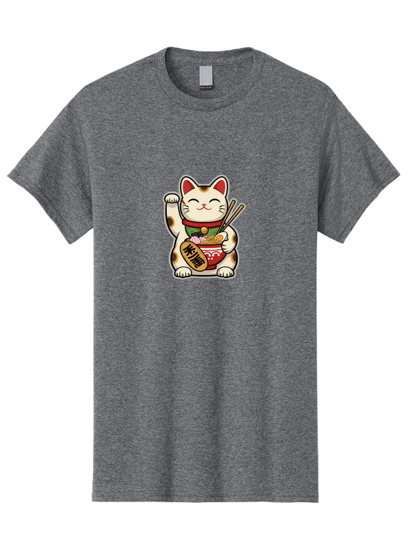 Maneki-Neko Men'S Graphic Tee, 100% Cotton, Comfortable Casual Summer Wear, Machine Washable, Lucky Cat Figurine, Beckoning Cat, Maneki Neko, Japanese Culture, Good Fortune Symbol, Cartoon Cat, Red And Green Collar, Bowl Of Noodles, Chopsticks Baa967 15