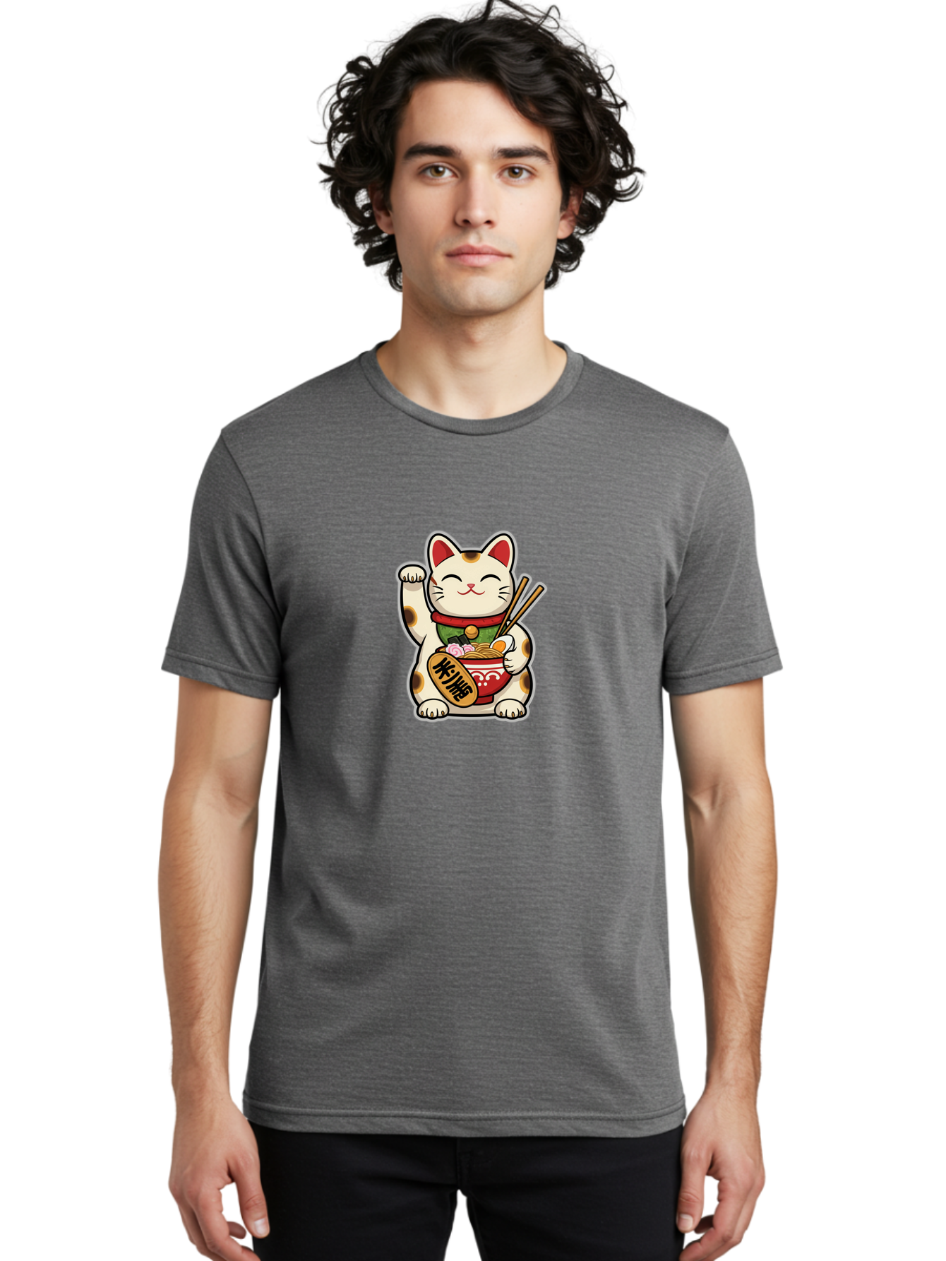 Maneki-Neko Men'S Graphic Tee, 100% Cotton, Comfortable Casual Summer Wear, Machine Washable, Lucky Cat Figurine, Beckoning Cat, Maneki Neko, Japanese Culture, Good Fortune Symbol, Cartoon Cat, Red And Green Collar, Bowl Of Noodles, Chopsticks Baa967 16