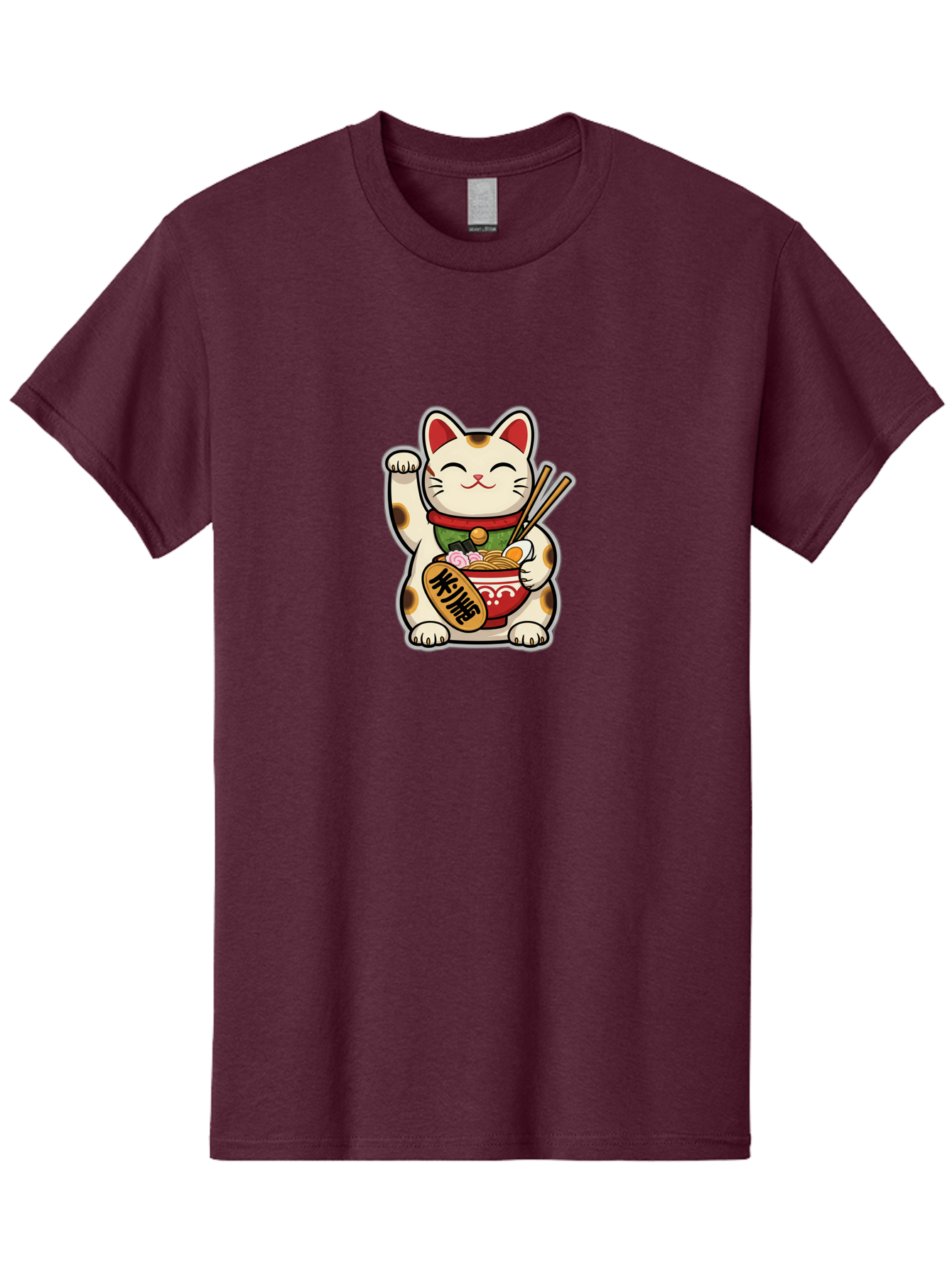 Maneki-Neko Men'S Graphic Tee, 100% Cotton, Comfortable Casual Summer Wear, Machine Washable, Lucky Cat Figurine, Beckoning Cat, Maneki Neko, Japanese Culture, Good Fortune Symbol, Cartoon Cat, Red And Green Collar, Bowl Of Noodles, Chopsticks Baa967 5