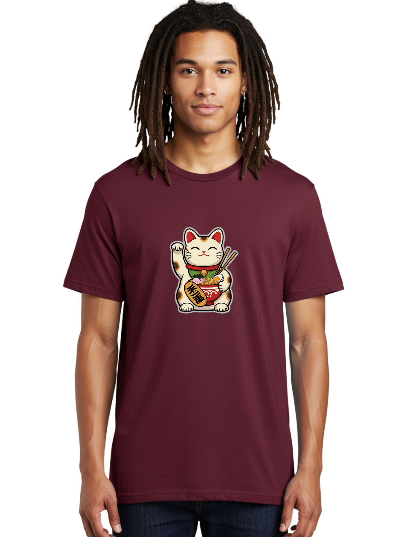Maneki-Neko Men'S Graphic Tee, 100% Cotton, Comfortable Casual Summer Wear, Machine Washable, Lucky Cat Figurine, Beckoning Cat, Maneki Neko, Japanese Culture, Good Fortune Symbol, Cartoon Cat, Red And Green Collar, Bowl Of Noodles, Chopsticks Baa967 6