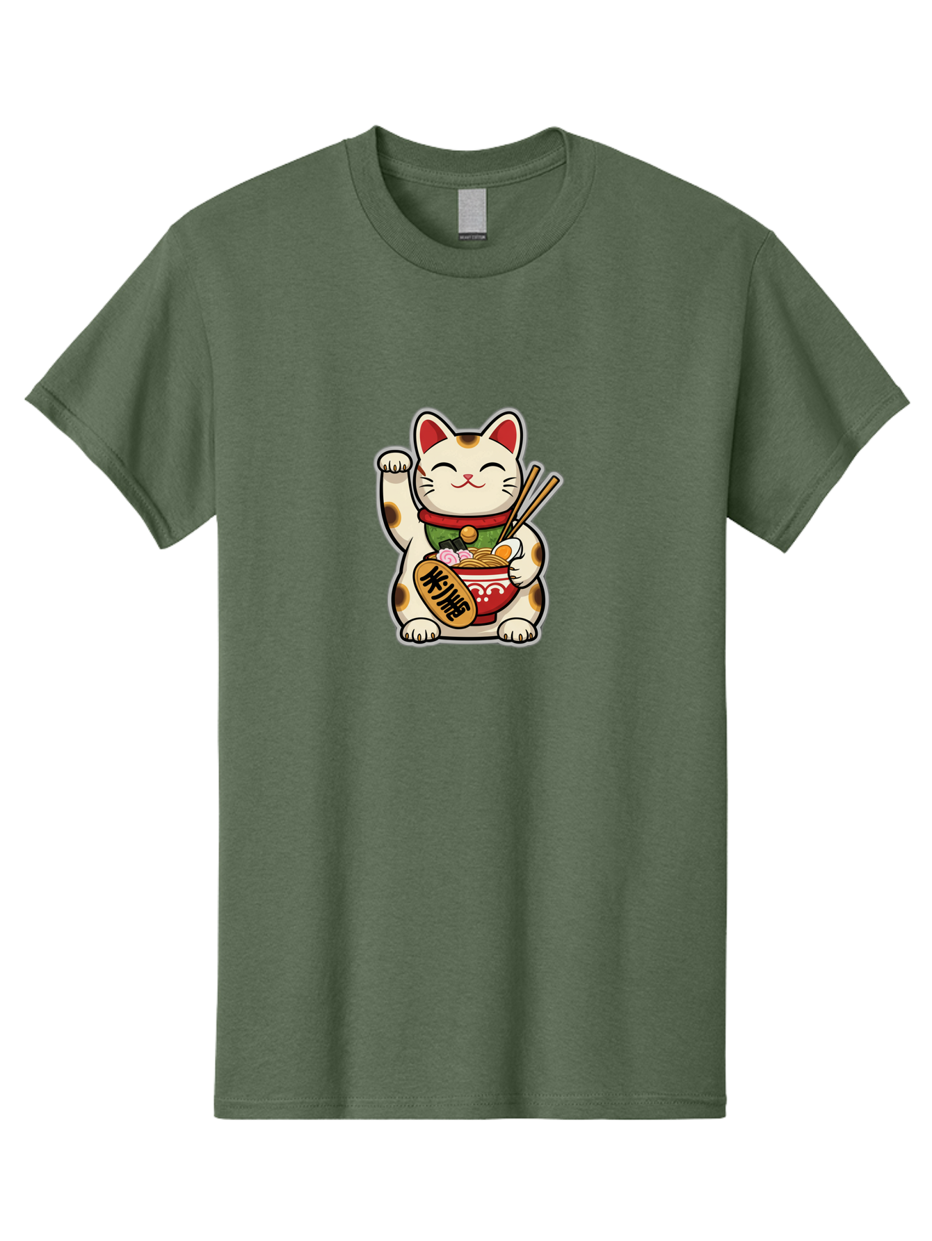 Maneki-Neko Men'S Graphic Tee, 100% Cotton, Comfortable Casual Summer Wear, Machine Washable, Lucky Cat Figurine, Beckoning Cat, Maneki Neko, Japanese Culture, Good Fortune Symbol, Cartoon Cat, Red And Green Collar, Bowl Of Noodles, Chopsticks Baa967 29