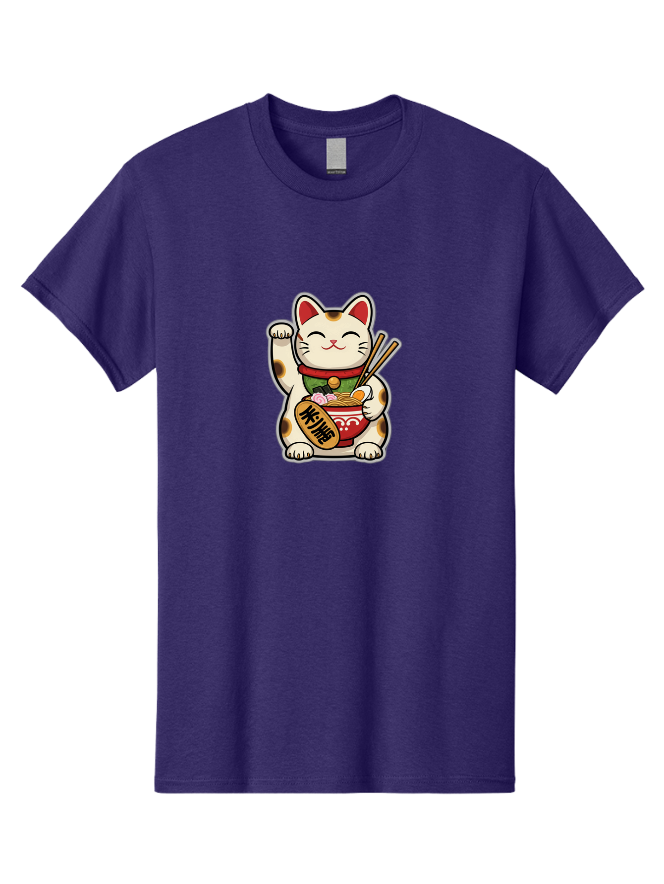 Maneki-Neko Men'S Graphic Tee, 100% Cotton, Comfortable Casual Summer Wear, Machine Washable, Lucky Cat Figurine, Beckoning Cat, Maneki Neko, Japanese Culture, Good Fortune Symbol, Cartoon Cat, Red And Green Collar, Bowl Of Noodles, Chopsticks Baa967 13