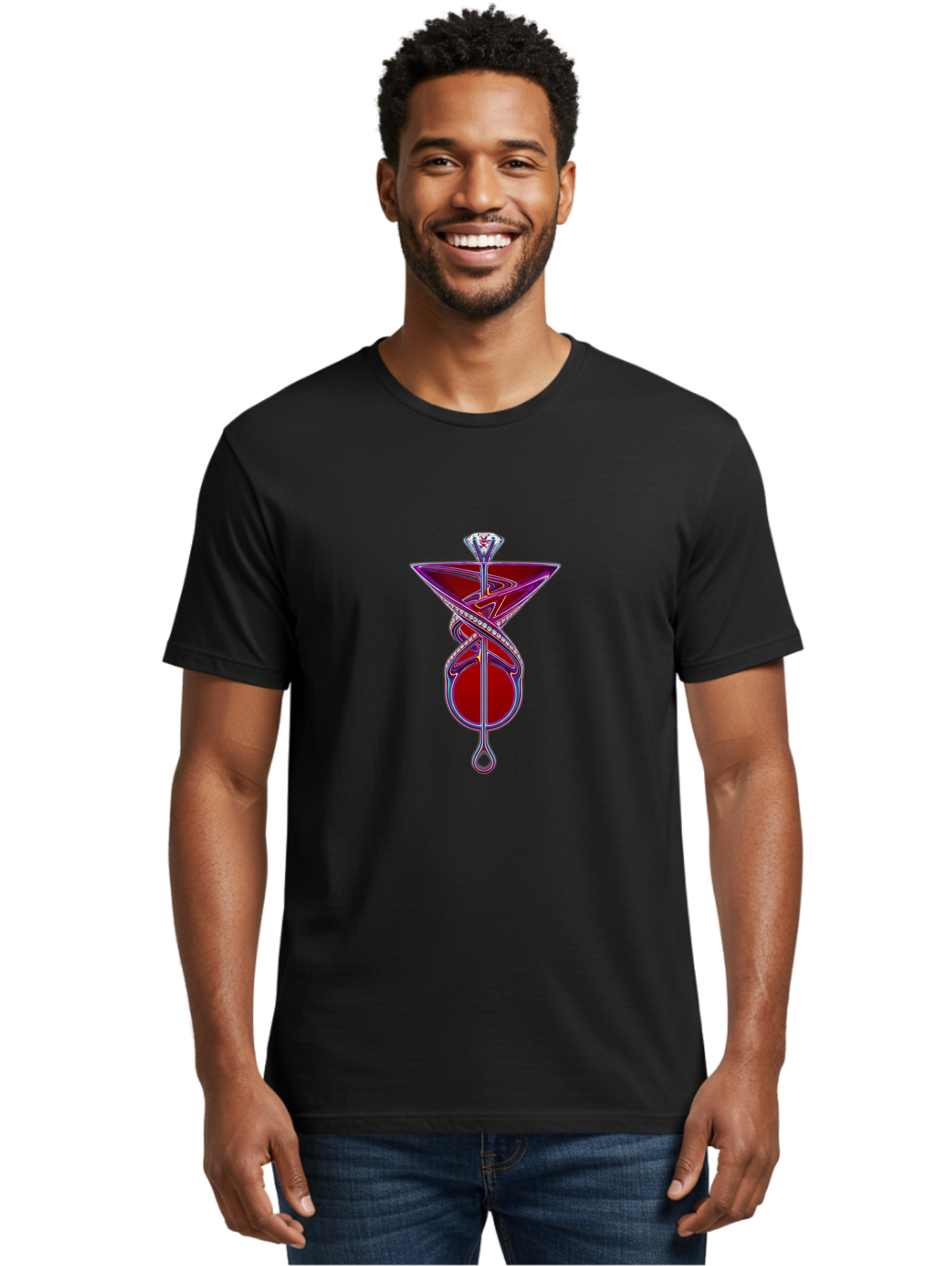 Martini-Glass-With-Snake Men'S Graphic Tee, 100% Cotton, Comfortable Casual Summer Wear, Machine Washable, Martini Glass, Cocktail, Diamond Ring, Luxury, Purple Accents, Red Liquid, Swirling Design, Glamorous, Sophisticated, Celebratory Drink Baa969 18