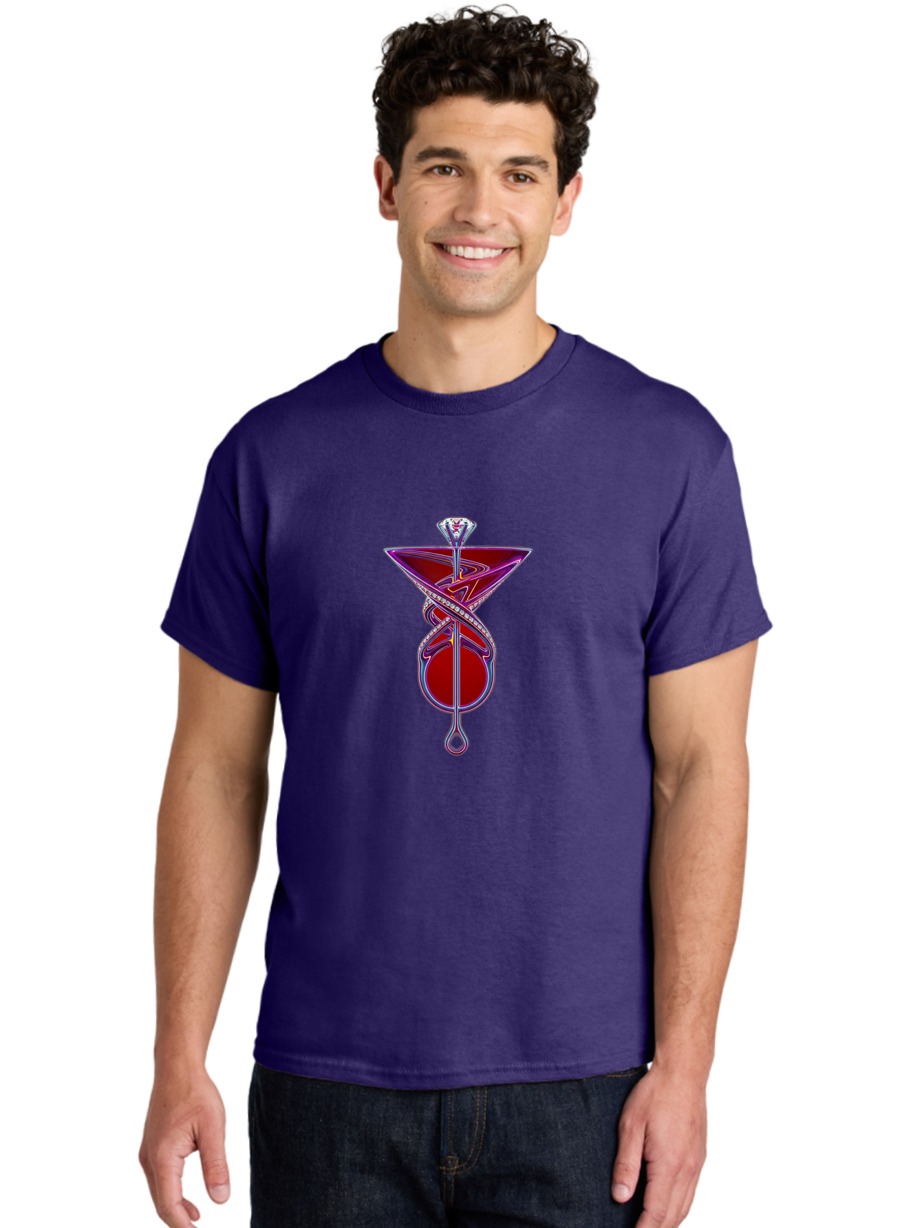 Martini-Glass-With-Snake Men'S Graphic Tee, 100% Cotton, Comfortable Casual Summer Wear, Machine Washable, Martini Glass, Cocktail, Diamond Ring, Luxury, Purple Accents, Red Liquid, Swirling Design, Glamorous, Sophisticated, Celebratory Drink Baa969 8