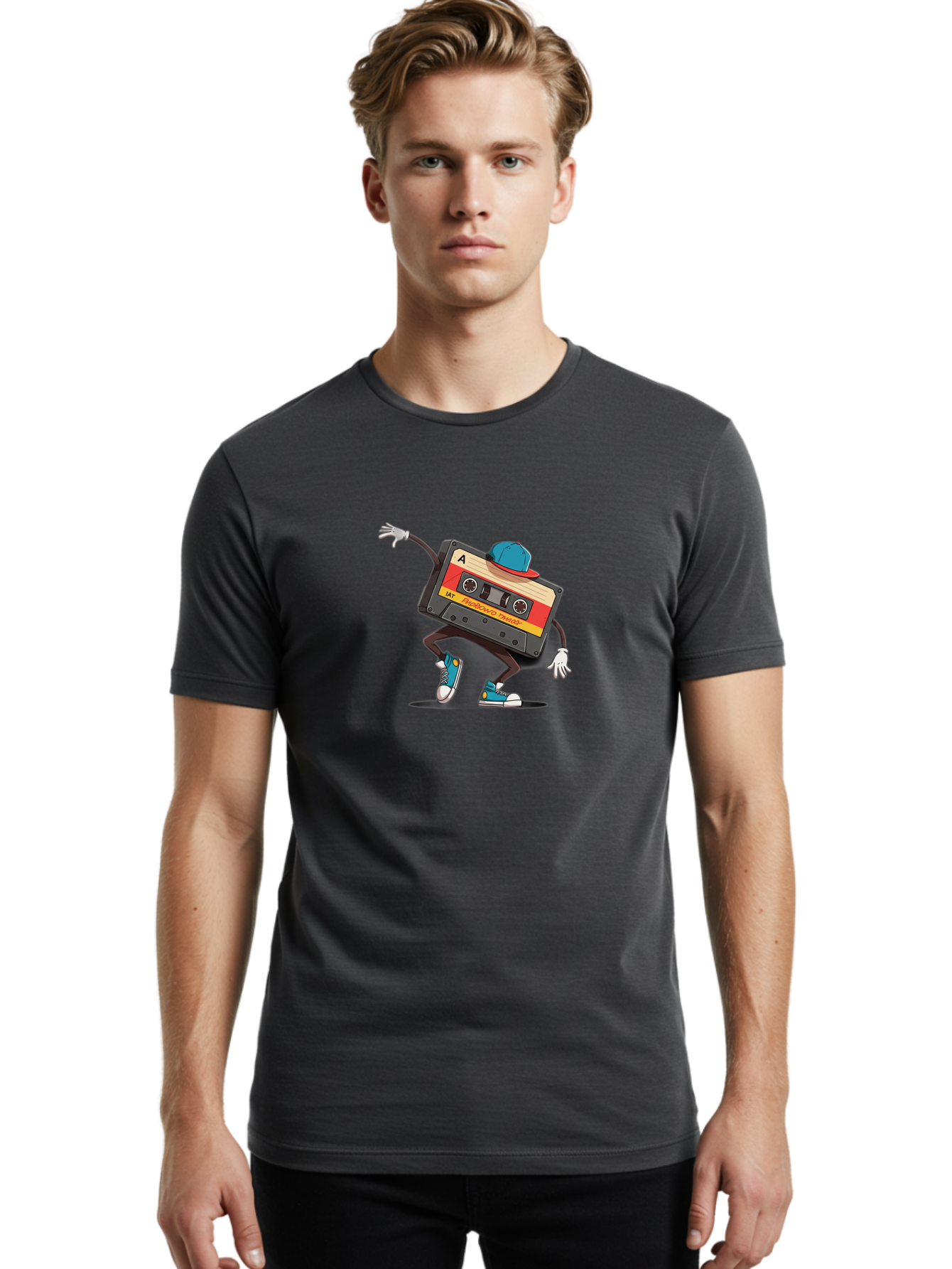 Mix-Cassette Men'S Graphic Tee, 100% Cotton, Comfortable Casual Summer Wear, Machine Washable, Cartoon Cassette Tape, Mixtape Character, Dancing Music, Retro Vibe, Vintage Style, Cool Hat, Sneakers, Fun Illustration, Music Lover, Bab013 24
