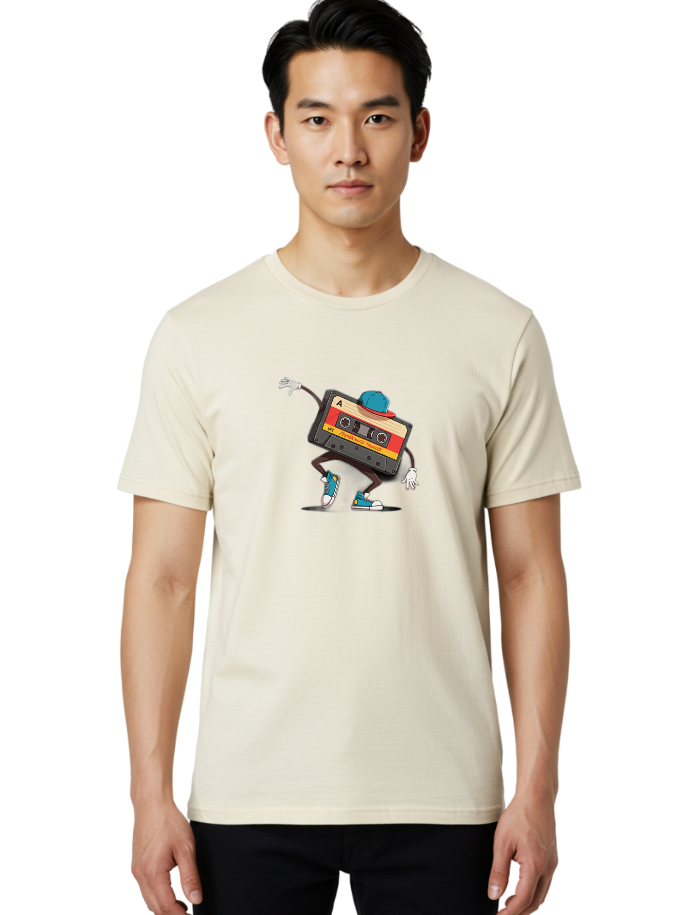 Mix-Cassette Men'S Graphic Tee, 100% Cotton, Comfortable Casual Summer Wear, Machine Washable, Cartoon Cassette Tape, Mixtape Character, Dancing Music, Retro Vibe, Vintage Style, Cool Hat, Sneakers, Fun Illustration, Music Lover, Bab013 30