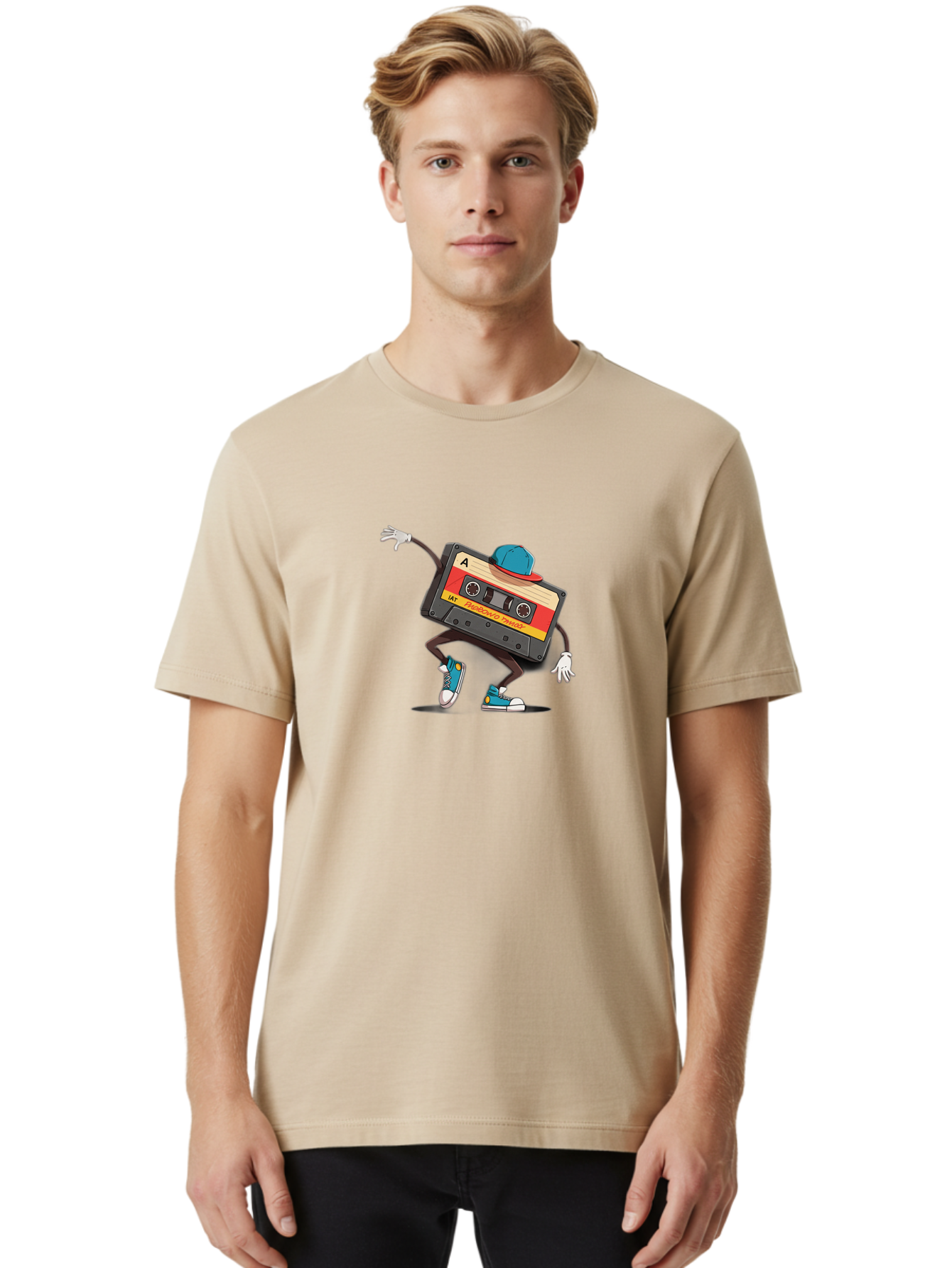 Mix-Cassette Men'S Graphic Tee, 100% Cotton, Comfortable Casual Summer Wear, Machine Washable, Cartoon Cassette Tape, Mixtape Character, Dancing Music, Retro Vibe, Vintage Style, Cool Hat, Sneakers, Fun Illustration, Music Lover, Bab013 14