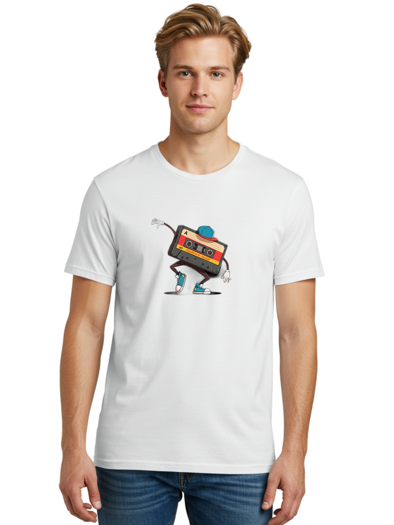 Mix-Cassette Men'S Graphic Tee, 100% Cotton, Comfortable Casual Summer Wear, Machine Washable, Cartoon Cassette Tape, Mixtape Character, Dancing Music, Retro Vibe, Vintage Style, Cool Hat, Sneakers, Fun Illustration, Music Lover, Bab013 12