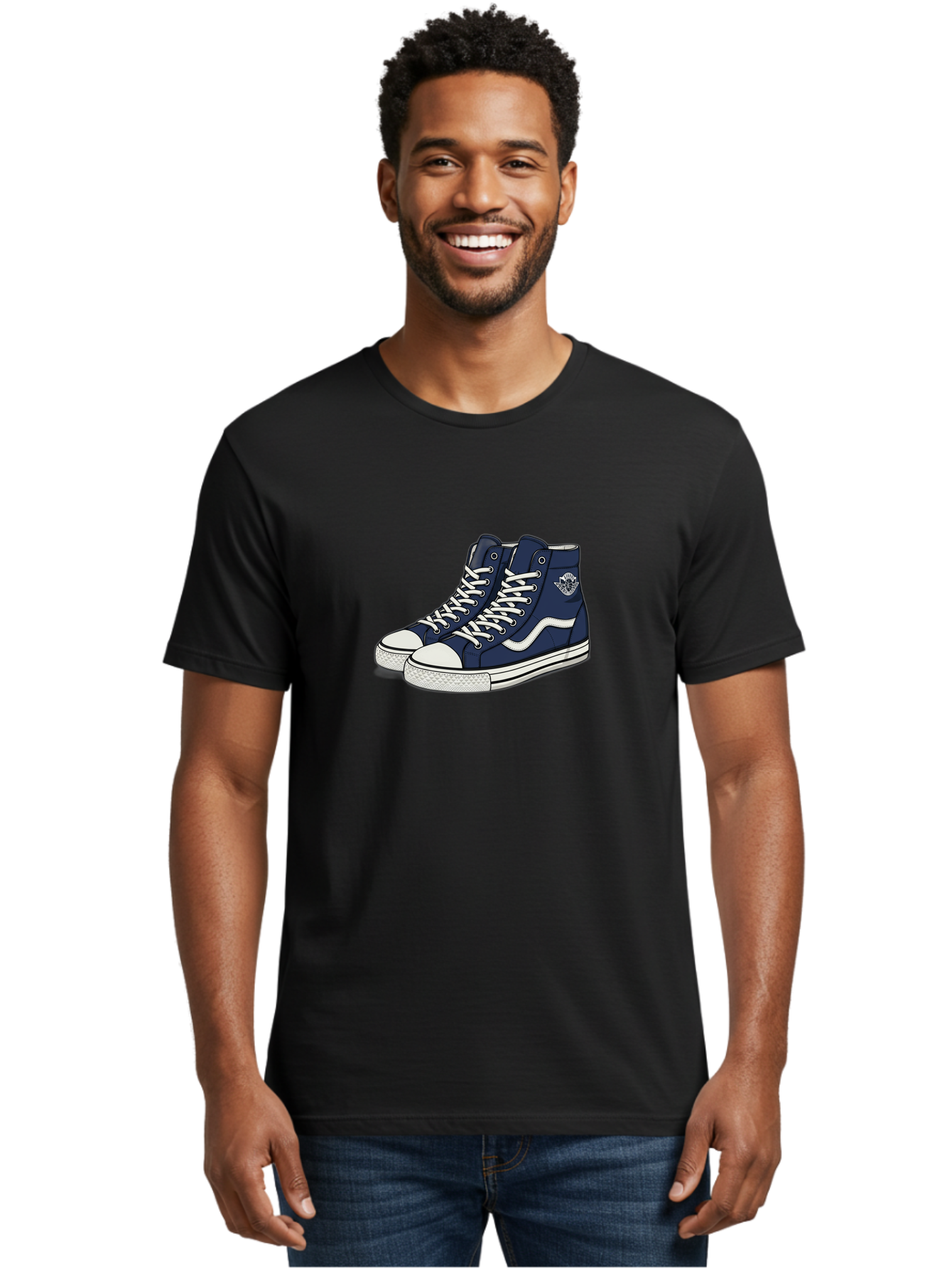 Navy-Blue-High-Top-Sneakers Men'S Graphic Tee, 100% Cotton, Comfortable Casual Summer Wear, Machine Washable, Navy Blue Sneakers, High-Top Shoes, White Laces, White Soles, Athletic Footwear, Casual Wear, Sports Shoes, Comfortable Shoes, Bab027 8