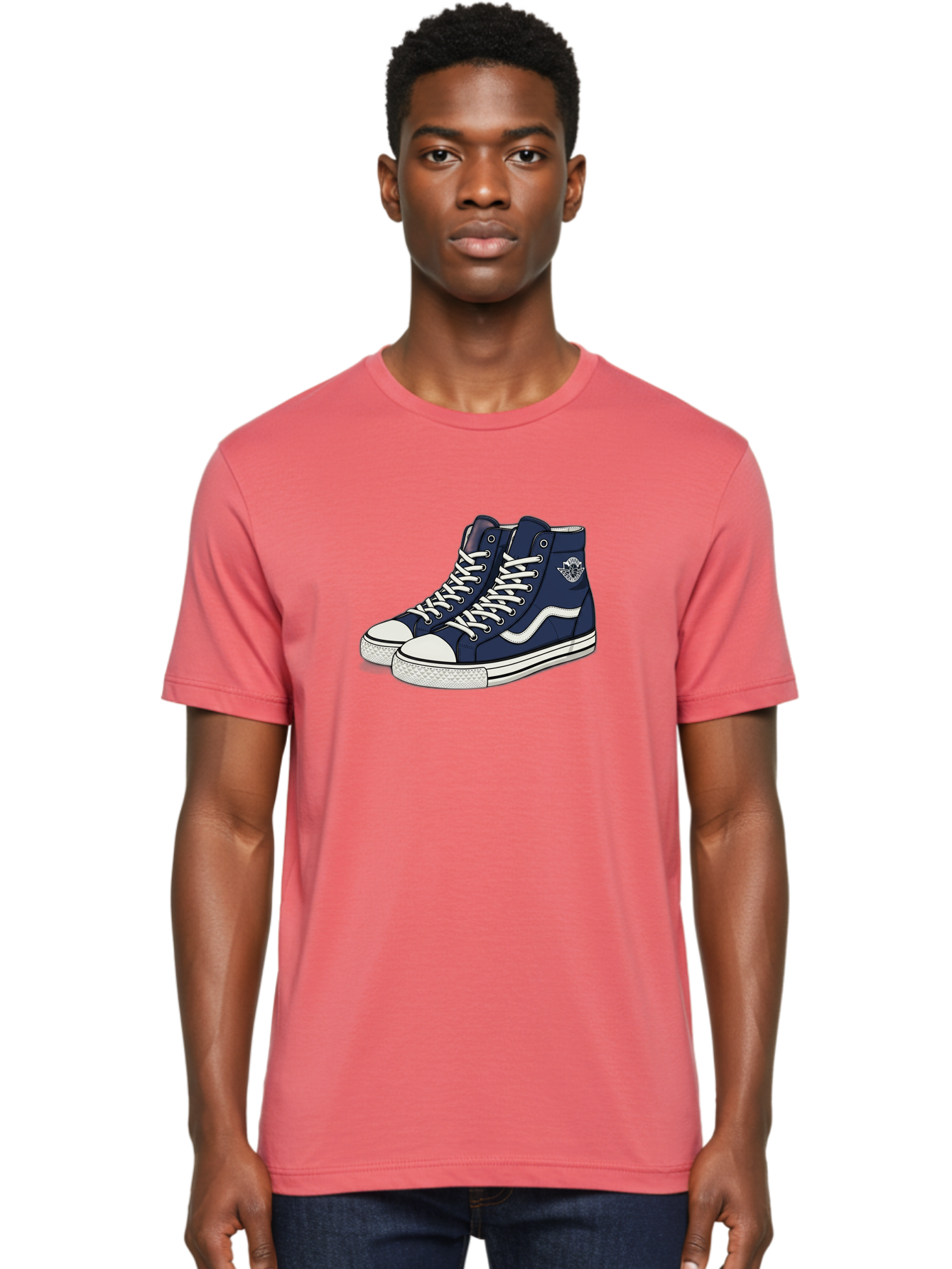 Navy-Blue-High-Top-Sneakers Men'S Graphic Tee, 100% Cotton, Comfortable Casual Summer Wear, Machine Washable, Navy Blue Sneakers, High-Top Shoes, White Laces, White Soles, Athletic Footwear, Casual Wear, Sports Shoes, Comfortable Shoes, Bab027 24
