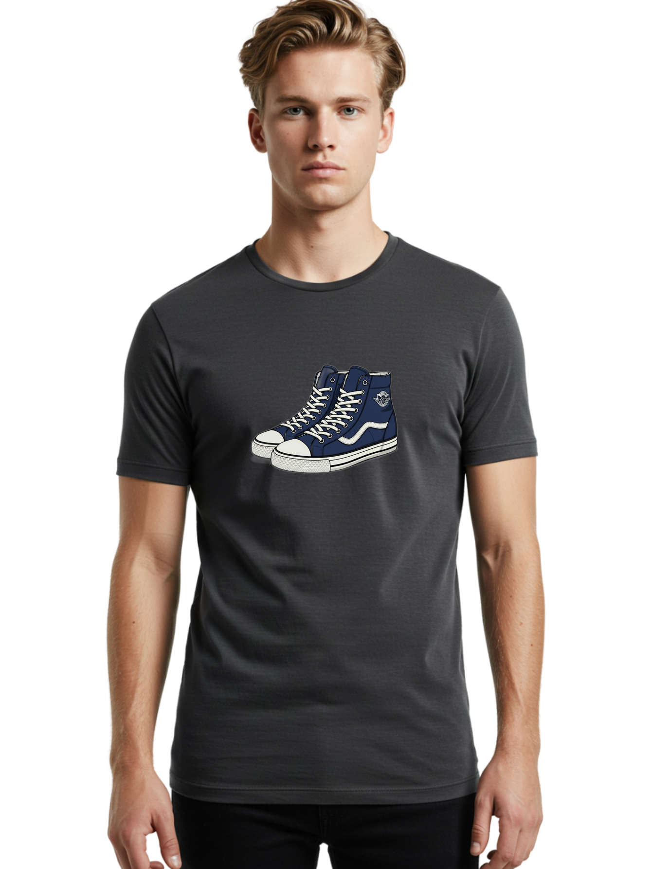Navy-Blue-High-Top-Sneakers Men'S Graphic Tee, 100% Cotton, Comfortable Casual Summer Wear, Machine Washable, Navy Blue Sneakers, High-Top Shoes, White Laces, White Soles, Athletic Footwear, Casual Wear, Sports Shoes, Comfortable Shoes, Bab027 26