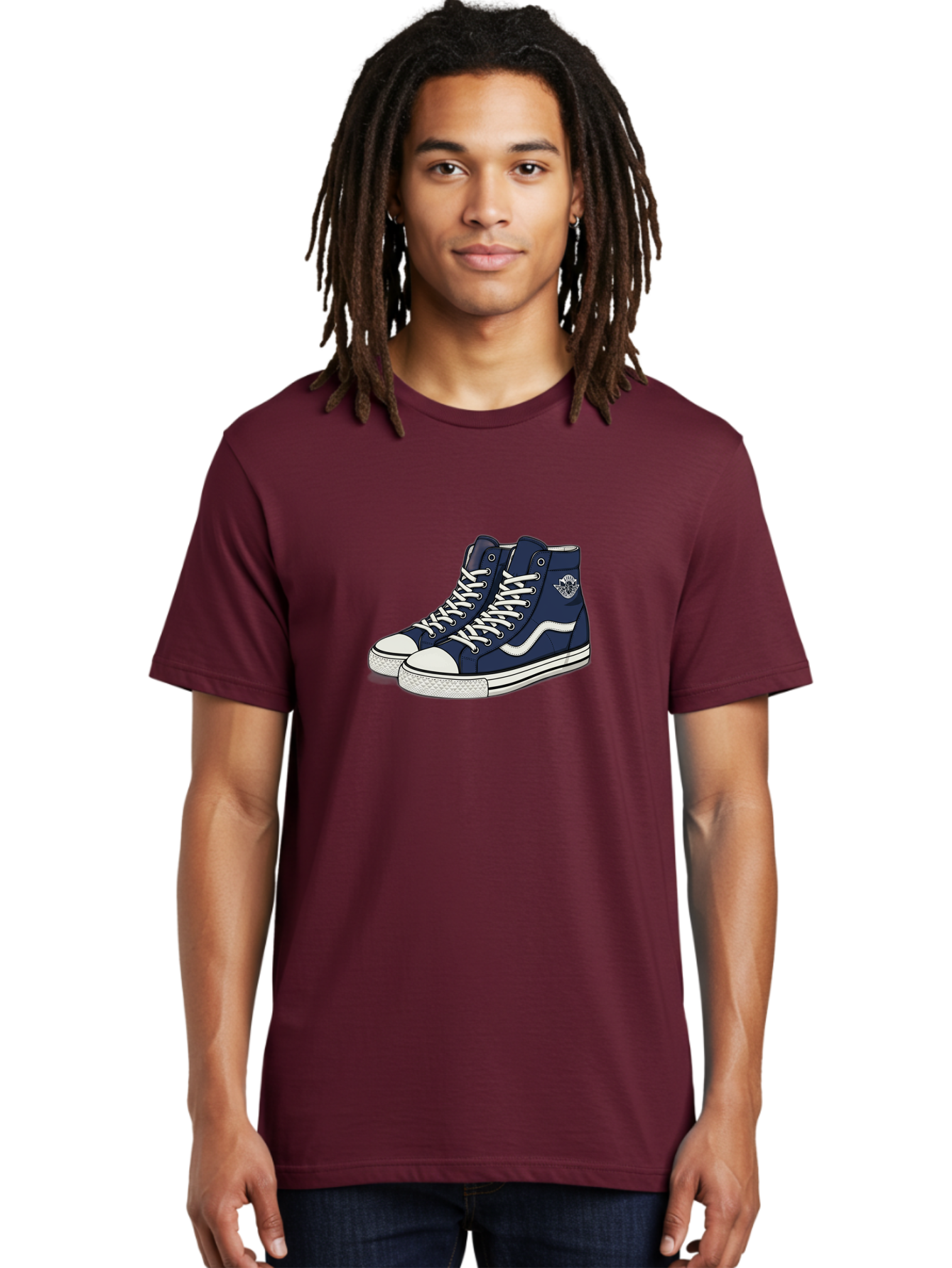 Navy-Blue-High-Top-Sneakers Men'S Graphic Tee, 100% Cotton, Comfortable Casual Summer Wear, Machine Washable, Navy Blue Sneakers, High-Top Shoes, White Laces, White Soles, Athletic Footwear, Casual Wear, Sports Shoes, Comfortable Shoes, Bab027 14