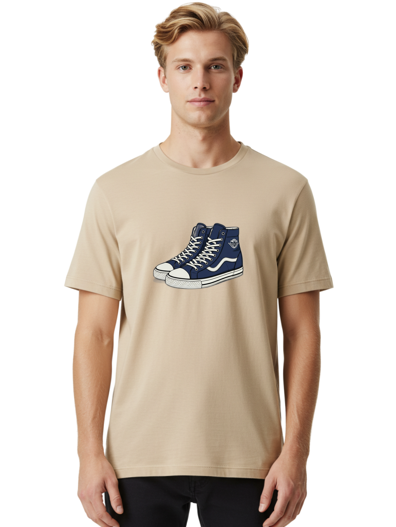 Navy-Blue-High-Top-Sneakers Men'S Graphic Tee, 100% Cotton, Comfortable Casual Summer Wear, Machine Washable, Navy Blue Sneakers, High-Top Shoes, White Laces, White Soles, Athletic Footwear, Casual Wear, Sports Shoes, Comfortable Shoes, Bab027 22