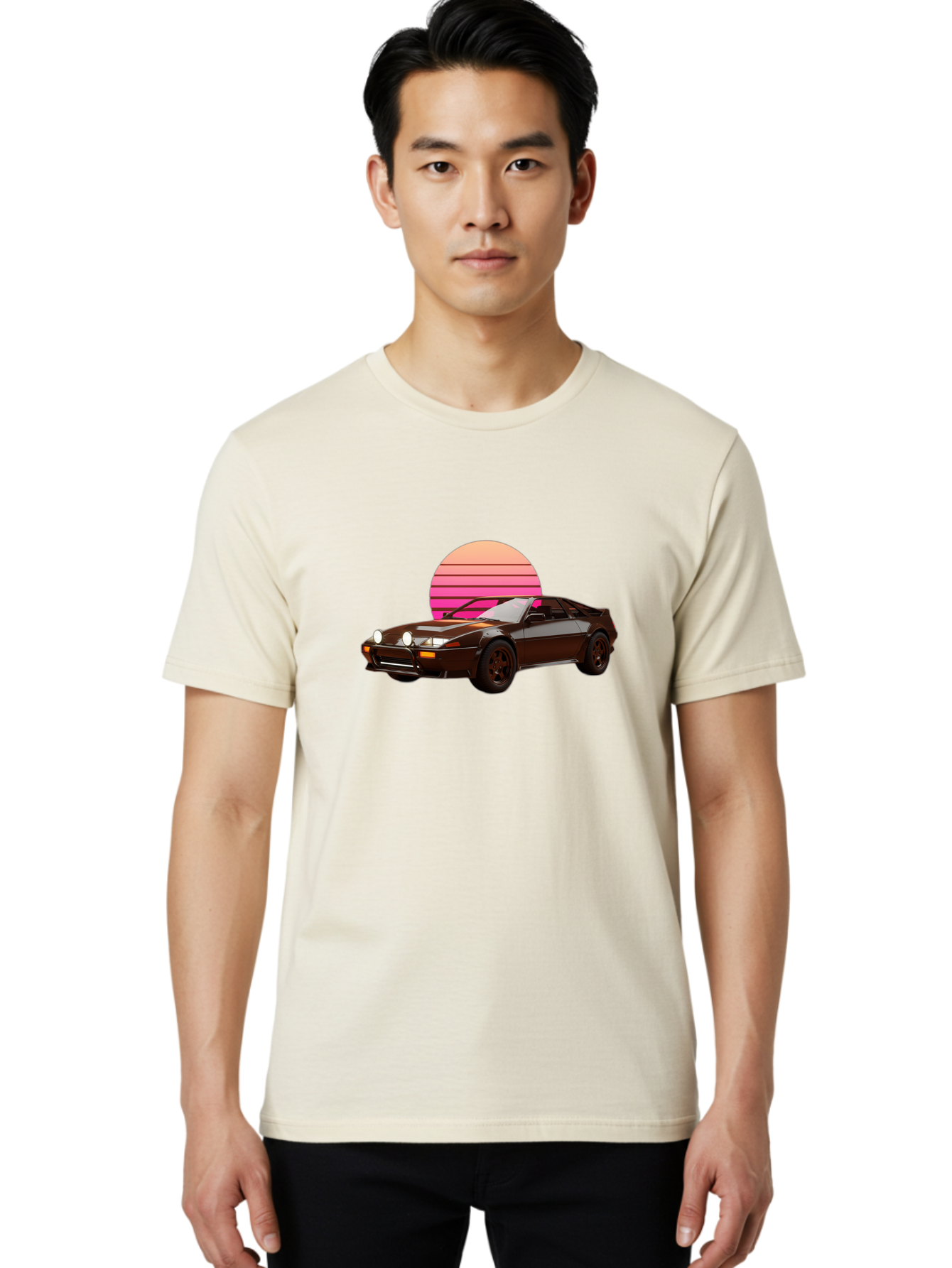 Nissan-240Z Men'S Graphic Tee, 100% Cotton, Comfortable Casual Summer Wear, Machine Washable, Vintage Sports Car, Retro Style, Dusk Scene, Gradient Sunset, Nostalgic Feel, Classic Automobile, Vintage Vibes, Iconic Design, Automotive Art, Bab036 2
