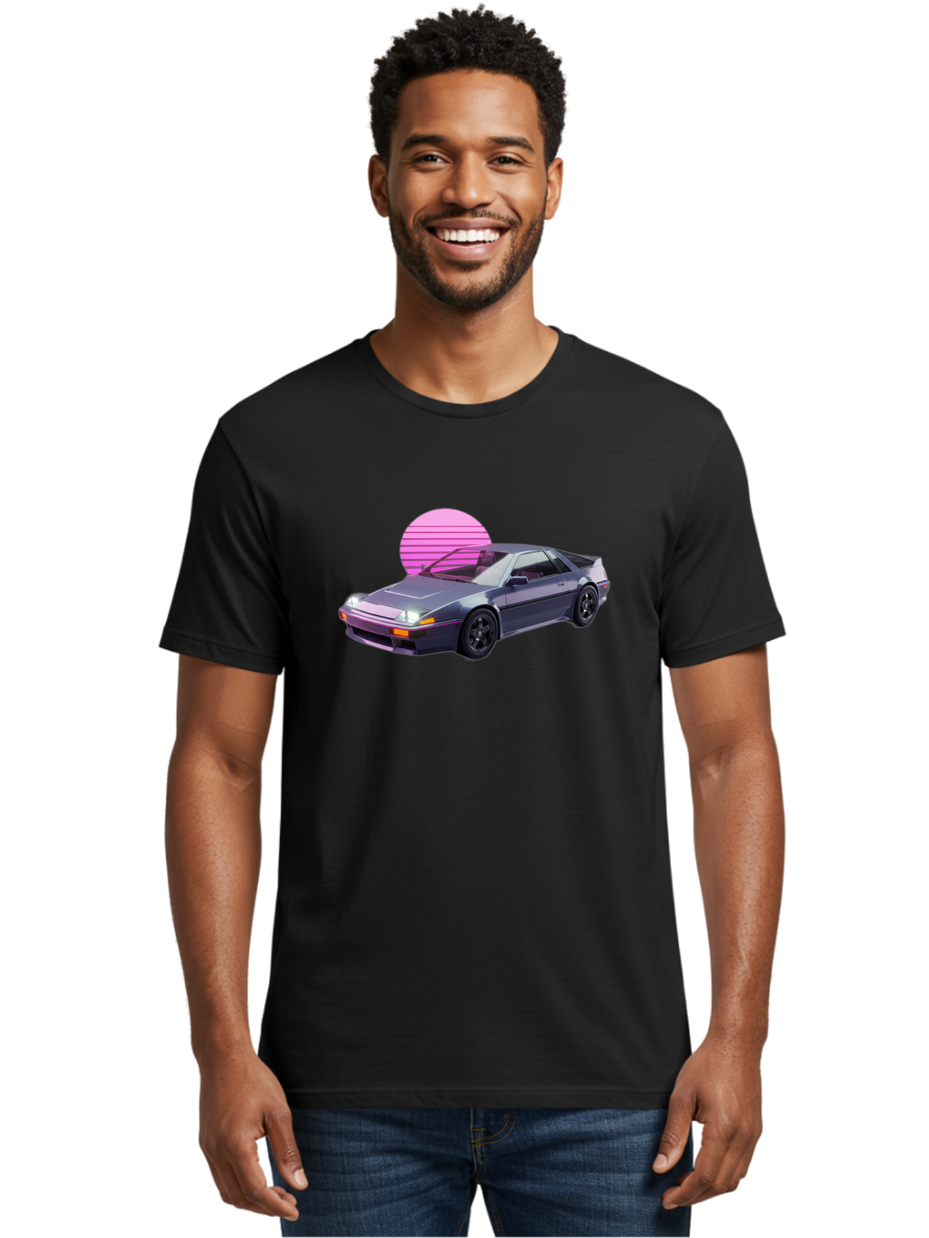 Nissan-300Zx-5 Men'S Graphic Tee, 100% Cotton, Comfortable Casual Summer Wear, Machine Washable, Nissan 300Zx Sports Car, Retro Futuristic Design, Sleek Gray Body, Black Wheels, Pink Accents, Neon Lights, Vaporwave Aesthetic, Synthwave Style Bab042 24