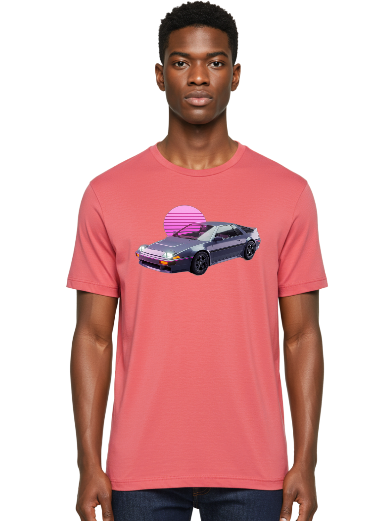 Nissan-300Zx-5 Men'S Graphic Tee, 100% Cotton, Comfortable Casual Summer Wear, Machine Washable, Nissan 300Zx Sports Car, Retro Futuristic Design, Sleek Gray Body, Black Wheels, Pink Accents, Neon Lights, Vaporwave Aesthetic, Synthwave Style Bab042 30