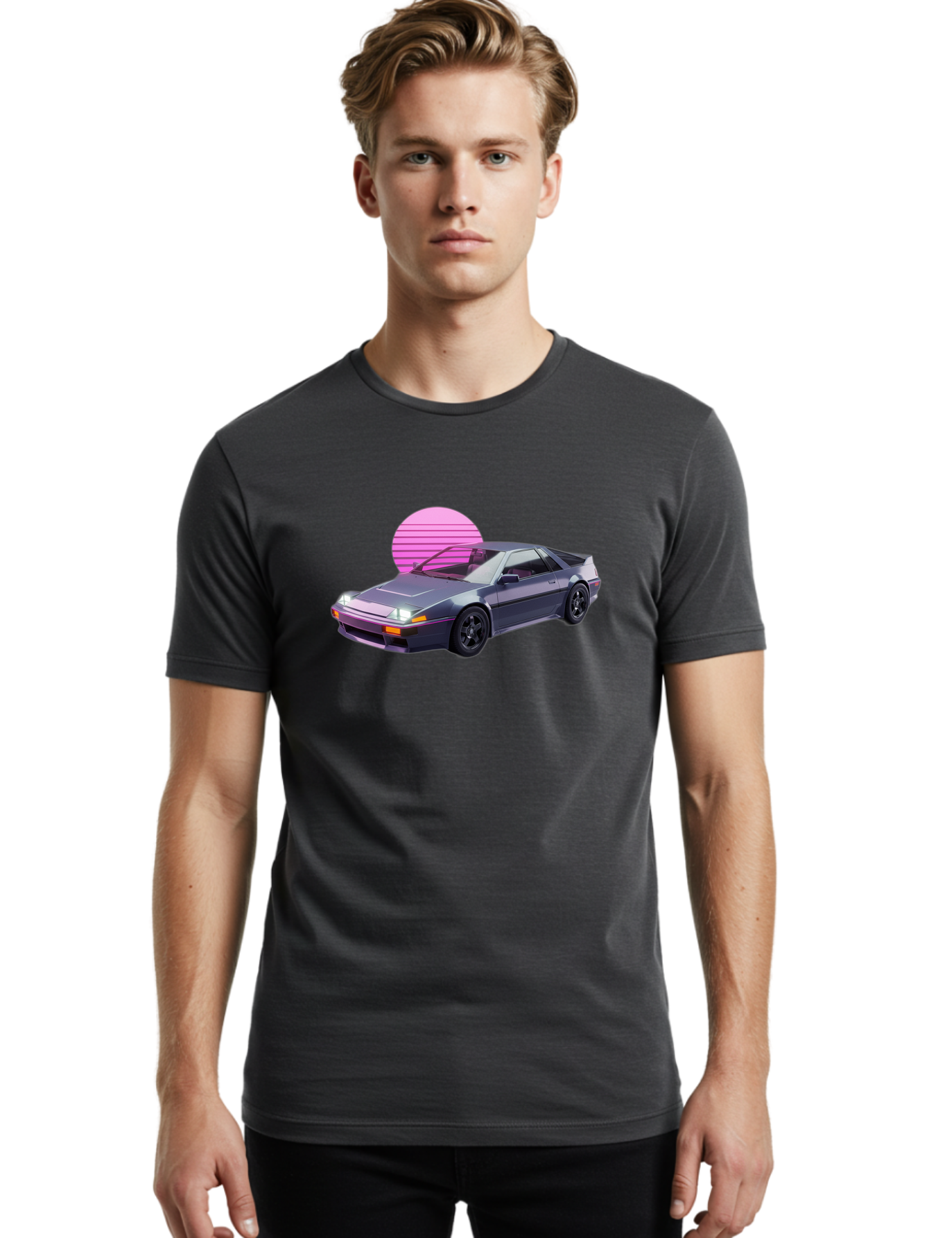 Nissan-300Zx-5 Men'S Graphic Tee, 100% Cotton, Comfortable Casual Summer Wear, Machine Washable, Nissan 300Zx Sports Car, Retro Futuristic Design, Sleek Gray Body, Black Wheels, Pink Accents, Neon Lights, Vaporwave Aesthetic, Synthwave Style Bab042 26