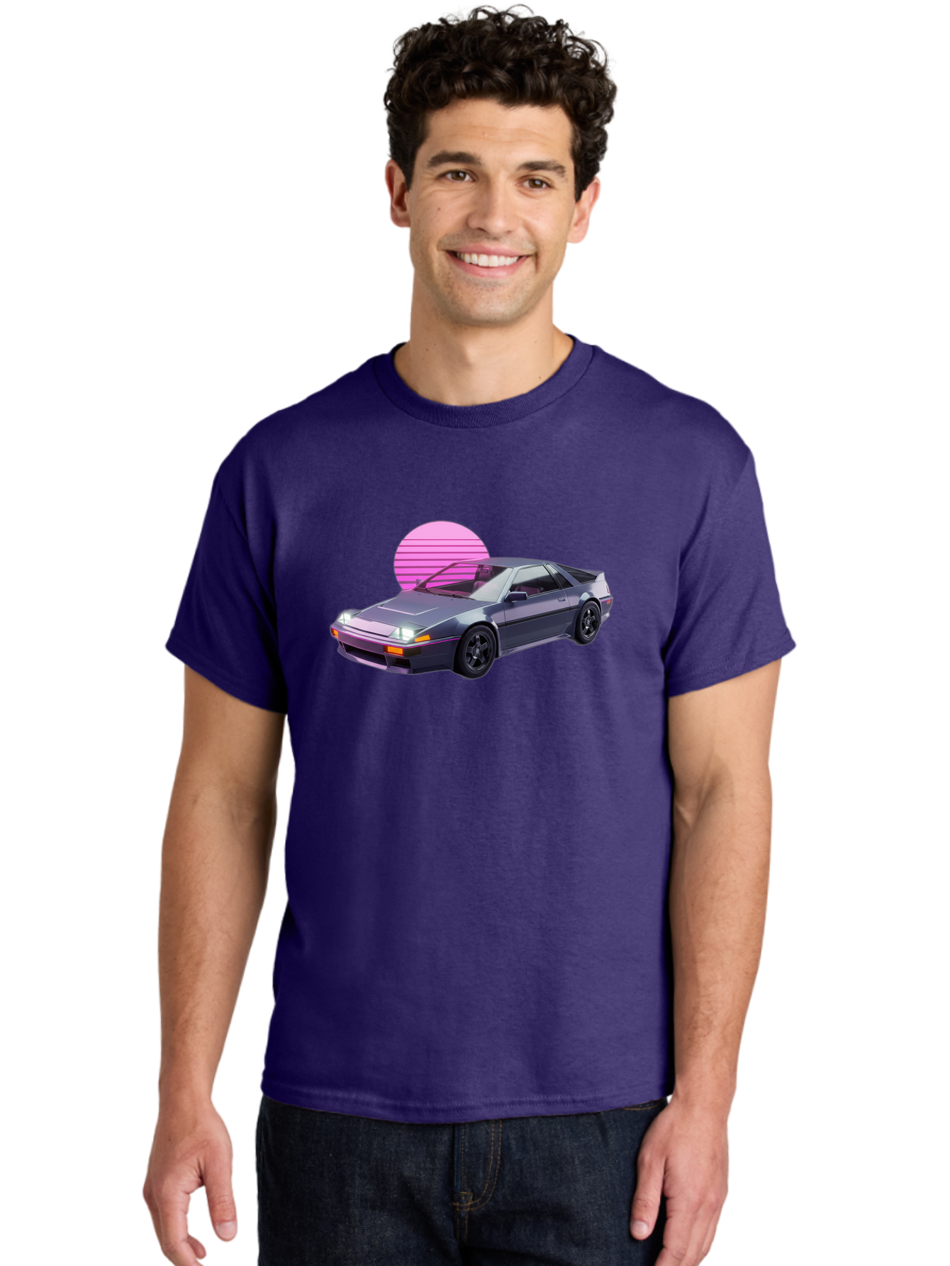 Nissan-300Zx-5 Men'S Graphic Tee, 100% Cotton, Comfortable Casual Summer Wear, Machine Washable, Nissan 300Zx Sports Car, Retro Futuristic Design, Sleek Gray Body, Black Wheels, Pink Accents, Neon Lights, Vaporwave Aesthetic, Synthwave Style Bab042 18