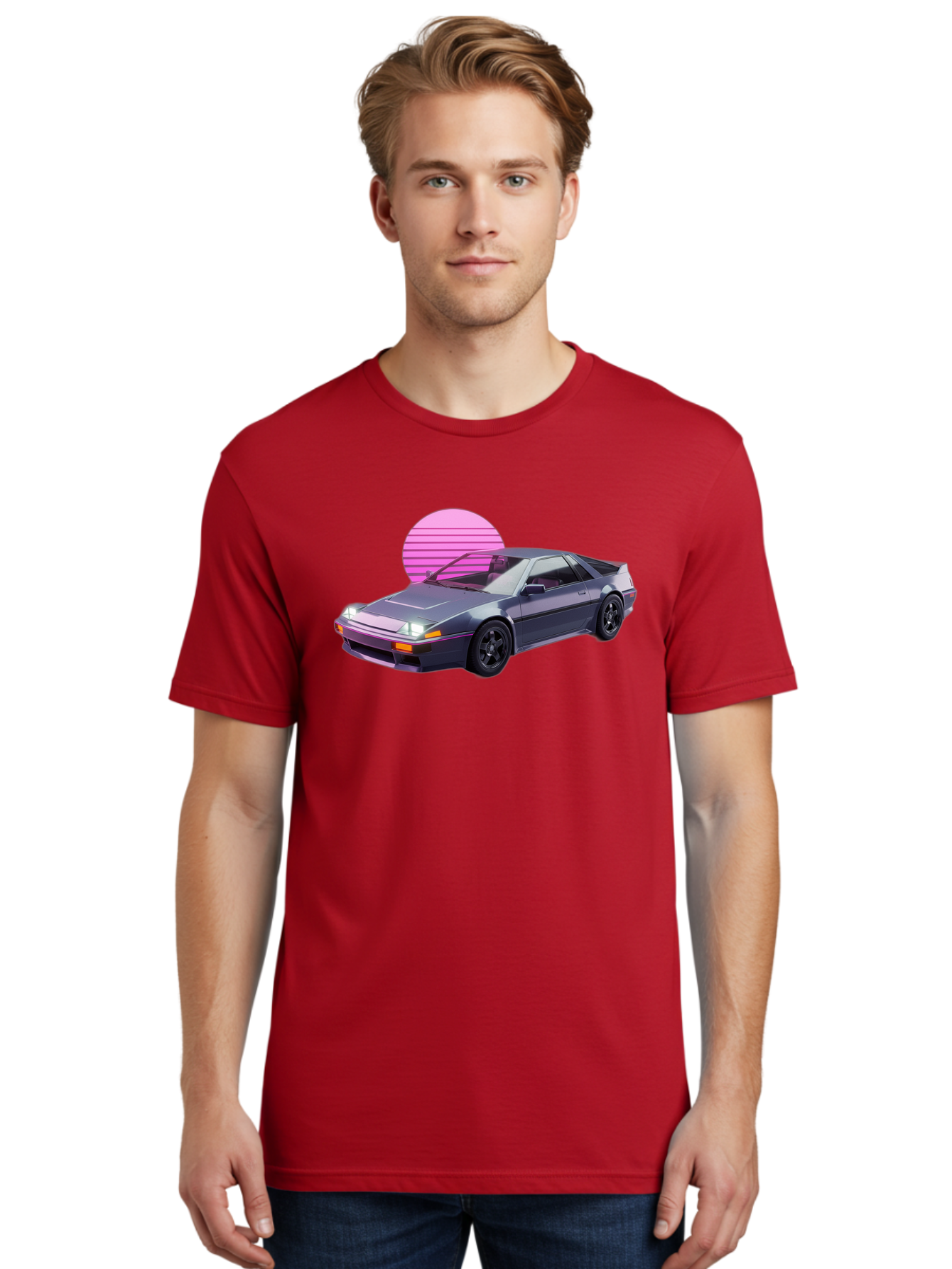 Nissan-300Zx-5 Men'S Graphic Tee, 100% Cotton, Comfortable Casual Summer Wear, Machine Washable, Nissan 300Zx Sports Car, Retro Futuristic Design, Sleek Gray Body, Black Wheels, Pink Accents, Neon Lights, Vaporwave Aesthetic, Synthwave Style Bab042 10