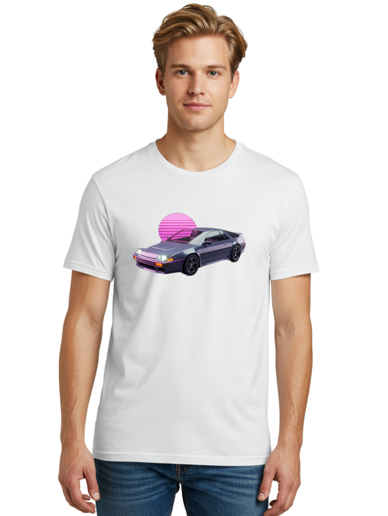 Nissan-300Zx-5 Men'S Graphic Tee, 100% Cotton, Comfortable Casual Summer Wear, Machine Washable, Nissan 300Zx Sports Car, Retro Futuristic Design, Sleek Gray Body, Black Wheels, Pink Accents, Neon Lights, Vaporwave Aesthetic, Synthwave Style Bab042 20