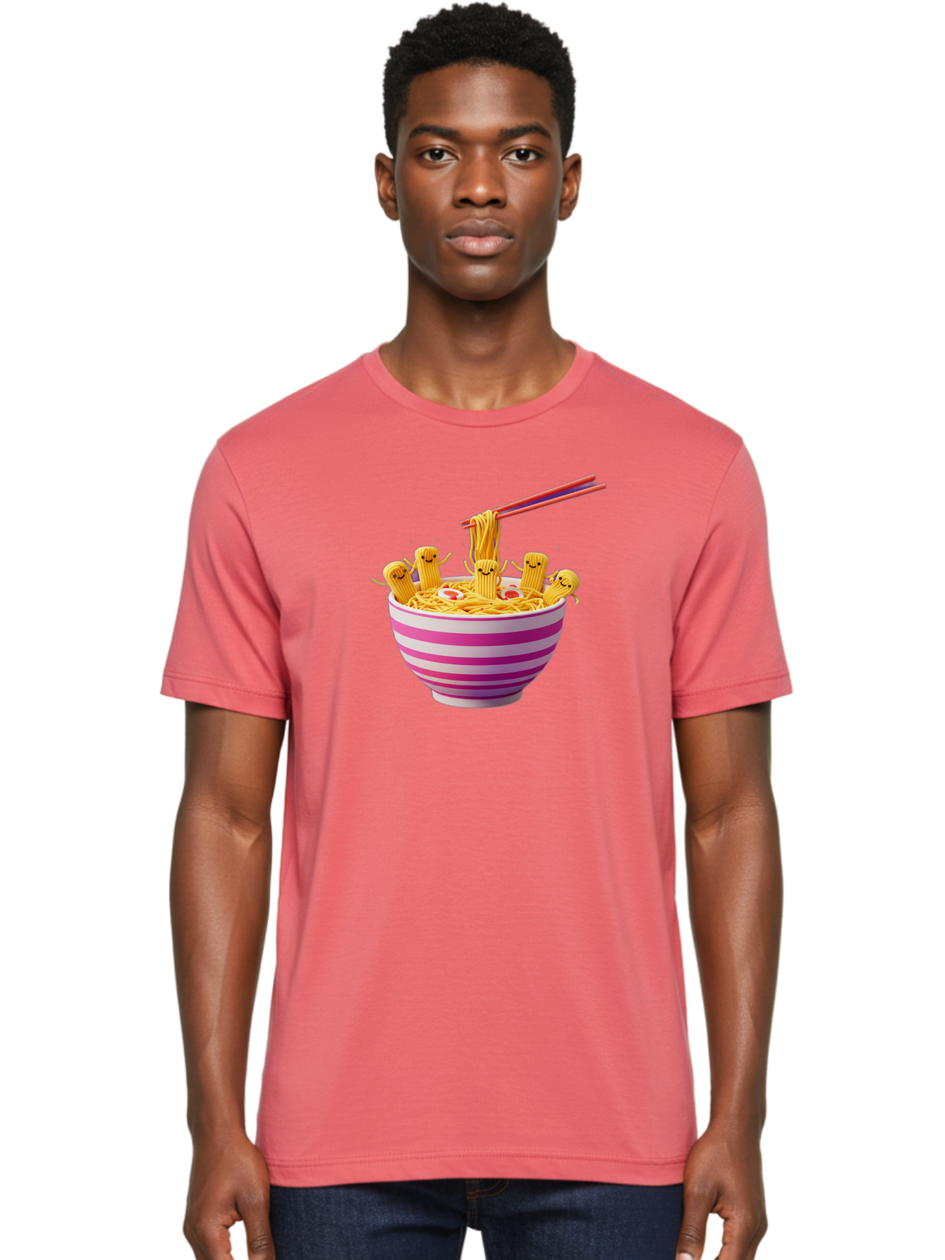Noodles-With-Faces Men'S Graphic Tee, 100% Cotton, Comfortable Casual Summer Wear, Machine Washable, Bowl Of Noodles, Cartoon Bamboo Sticks, Playful Chopsticks, Fun Design, Asian Cuisine, Kawaii Characters, Noodle Lovers, Meal Time, Bab046 16