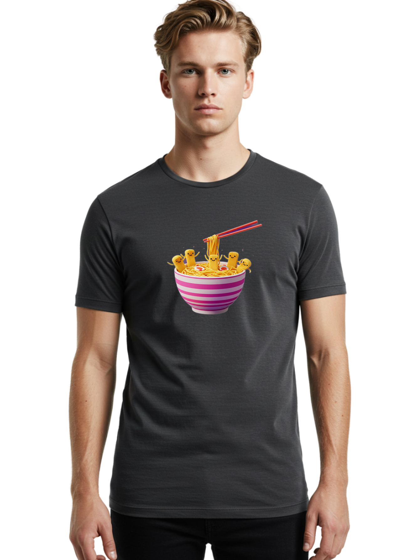 Noodles-With-Faces Men'S Graphic Tee, 100% Cotton, Comfortable Casual Summer Wear, Machine Washable, Bowl Of Noodles, Cartoon Bamboo Sticks, Playful Chopsticks, Fun Design, Asian Cuisine, Kawaii Characters, Noodle Lovers, Meal Time, Bab046 14