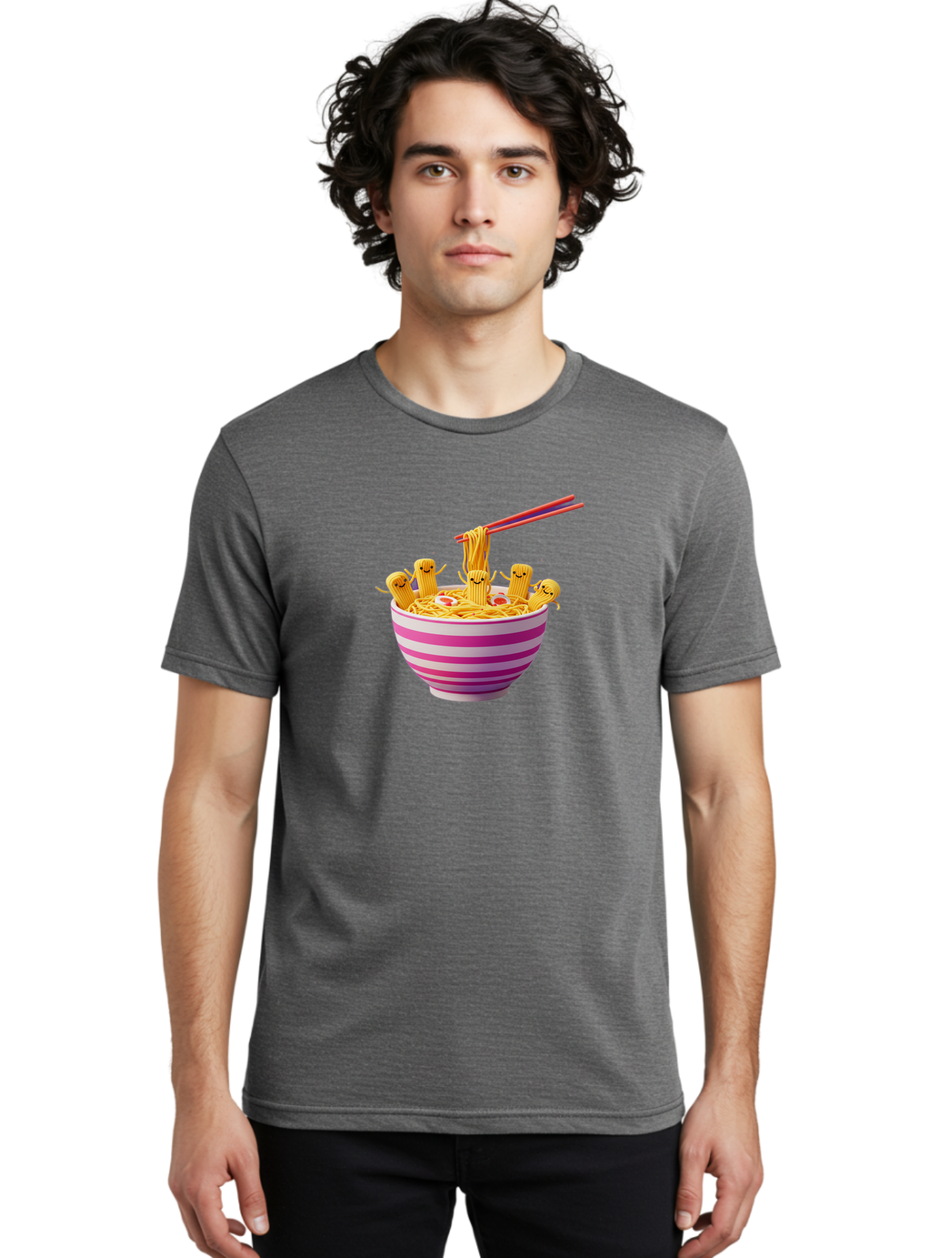 Noodles-With-Faces Men'S Graphic Tee, 100% Cotton, Comfortable Casual Summer Wear, Machine Washable, Bowl Of Noodles, Cartoon Bamboo Sticks, Playful Chopsticks, Fun Design, Asian Cuisine, Kawaii Characters, Noodle Lovers, Meal Time, Bab046 6