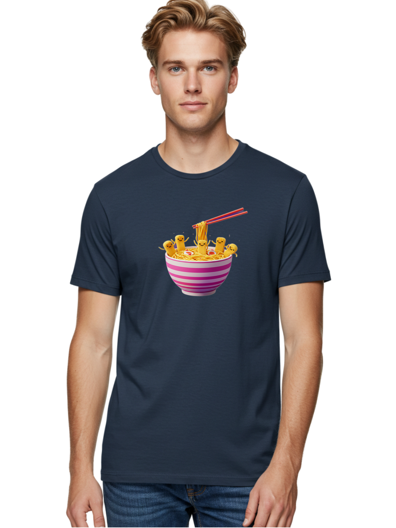 Noodles-With-Faces Men'S Graphic Tee, 100% Cotton, Comfortable Casual Summer Wear, Machine Washable, Bowl Of Noodles, Cartoon Bamboo Sticks, Playful Chopsticks, Fun Design, Asian Cuisine, Kawaii Characters, Noodle Lovers, Meal Time, Bab046 18