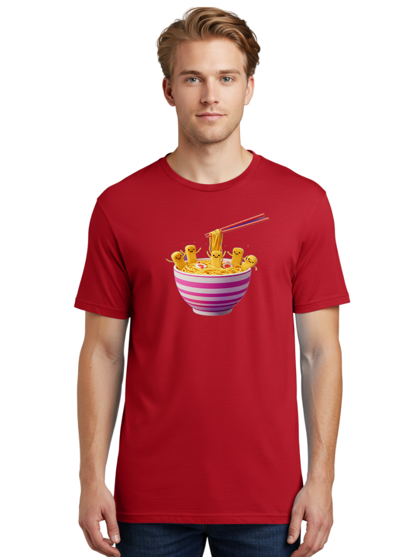 Noodles-With-Faces Men'S Graphic Tee, 100% Cotton, Comfortable Casual Summer Wear, Machine Washable, Bowl Of Noodles, Cartoon Bamboo Sticks, Playful Chopsticks, Fun Design, Asian Cuisine, Kawaii Characters, Noodle Lovers, Meal Time, Bab046 10