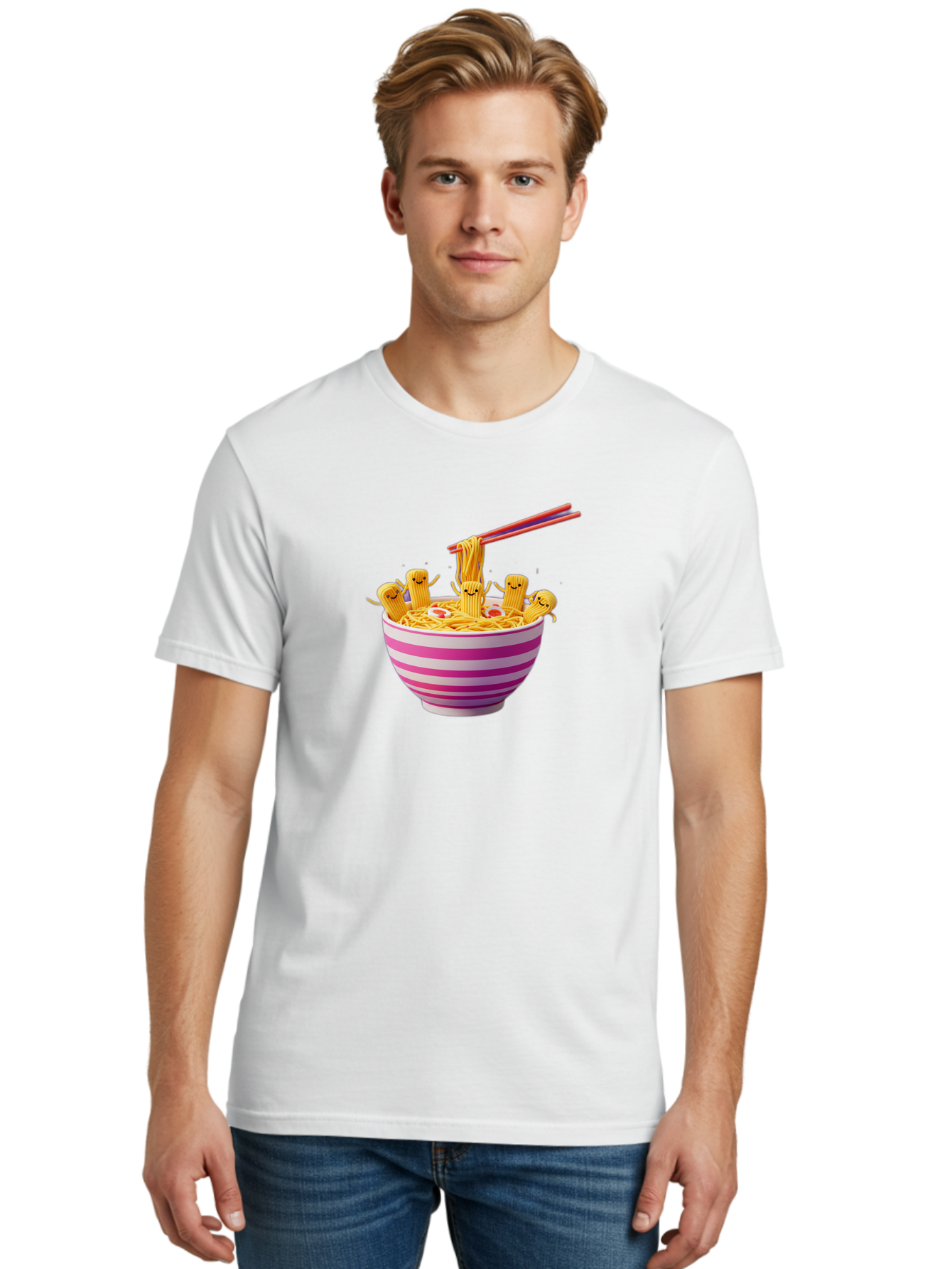 Noodles-With-Faces Men'S Graphic Tee, 100% Cotton, Comfortable Casual Summer Wear, Machine Washable, Bowl Of Noodles, Cartoon Bamboo Sticks, Playful Chopsticks, Fun Design, Asian Cuisine, Kawaii Characters, Noodle Lovers, Meal Time, Bab046 12
