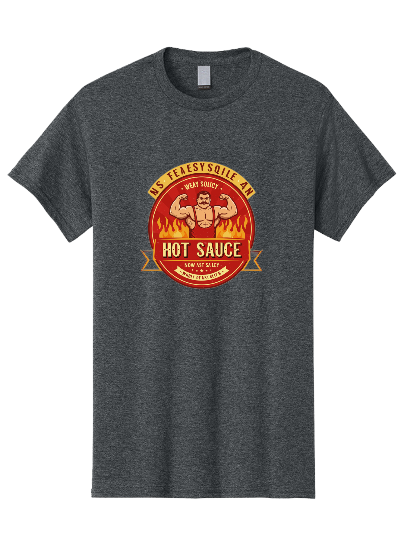 Ns-Feaesy-Sqile-An-Hot-Sauce Men'S Graphic Tee, 100% Cotton, Comfortable Casual Summer Wear, Machine Washable, Hot Sauce Label, Cartoon Strongman, Red And Yellow Design, Fiery Flames, Humorous Text, Playful Typography, Spicy Food, Bab047 13
