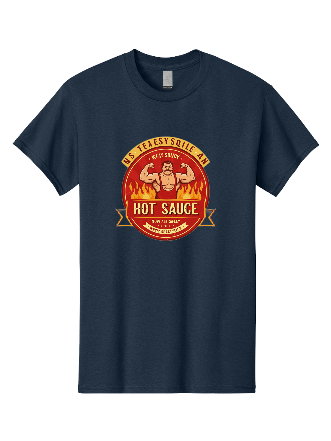 Ns-Feaesy-Sqile-An-Hot-Sauce Men'S Graphic Tee, 100% Cotton, Comfortable Casual Summer Wear, Machine Washable, Hot Sauce Label, Cartoon Strongman, Red And Yellow Design, Fiery Flames, Humorous Text, Playful Typography, Spicy Food, Bab047 5