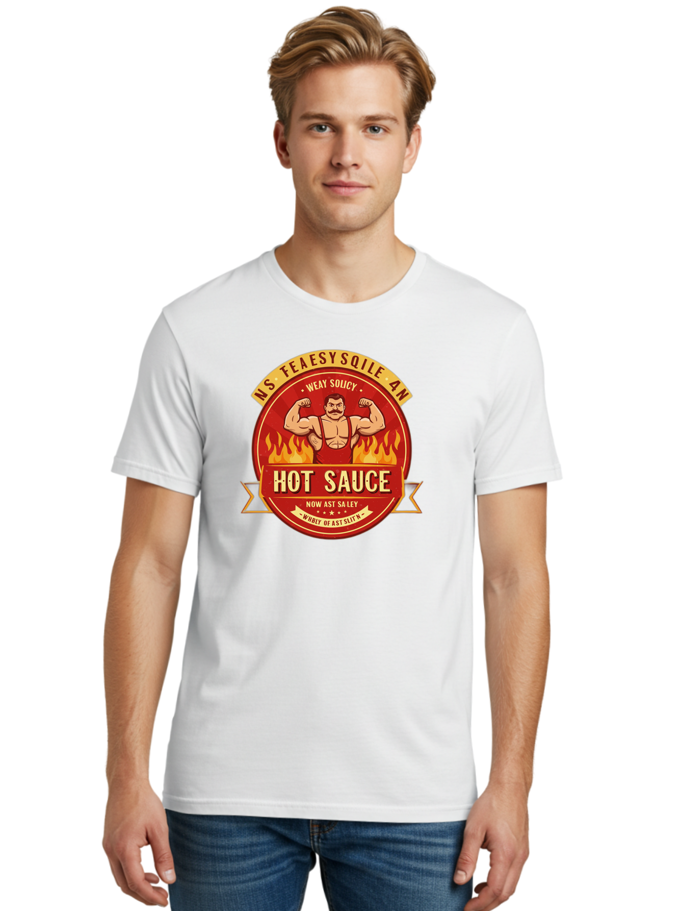 Ns-Feaesy-Sqile-An-Hot-Sauce Men'S Graphic Tee, 100% Cotton, Comfortable Casual Summer Wear, Machine Washable, Hot Sauce Label, Cartoon Strongman, Red And Yellow Design, Fiery Flames, Humorous Text, Playful Typography, Spicy Food, Bab047 16