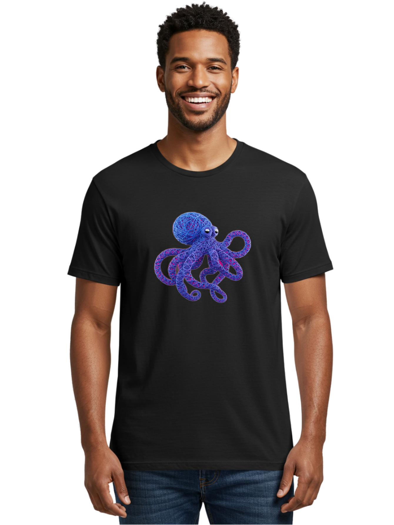 Octopus Men'S Graphic Tee, 100% Cotton, Comfortable Casual Summer Wear, Machine Washable, Colorful Octopus, String Art, Blue And Purple Hues, 3D Illustration, Whimsical Design, Underwater Creature, Artistic Representation, Creative Artwork, Bab049 6