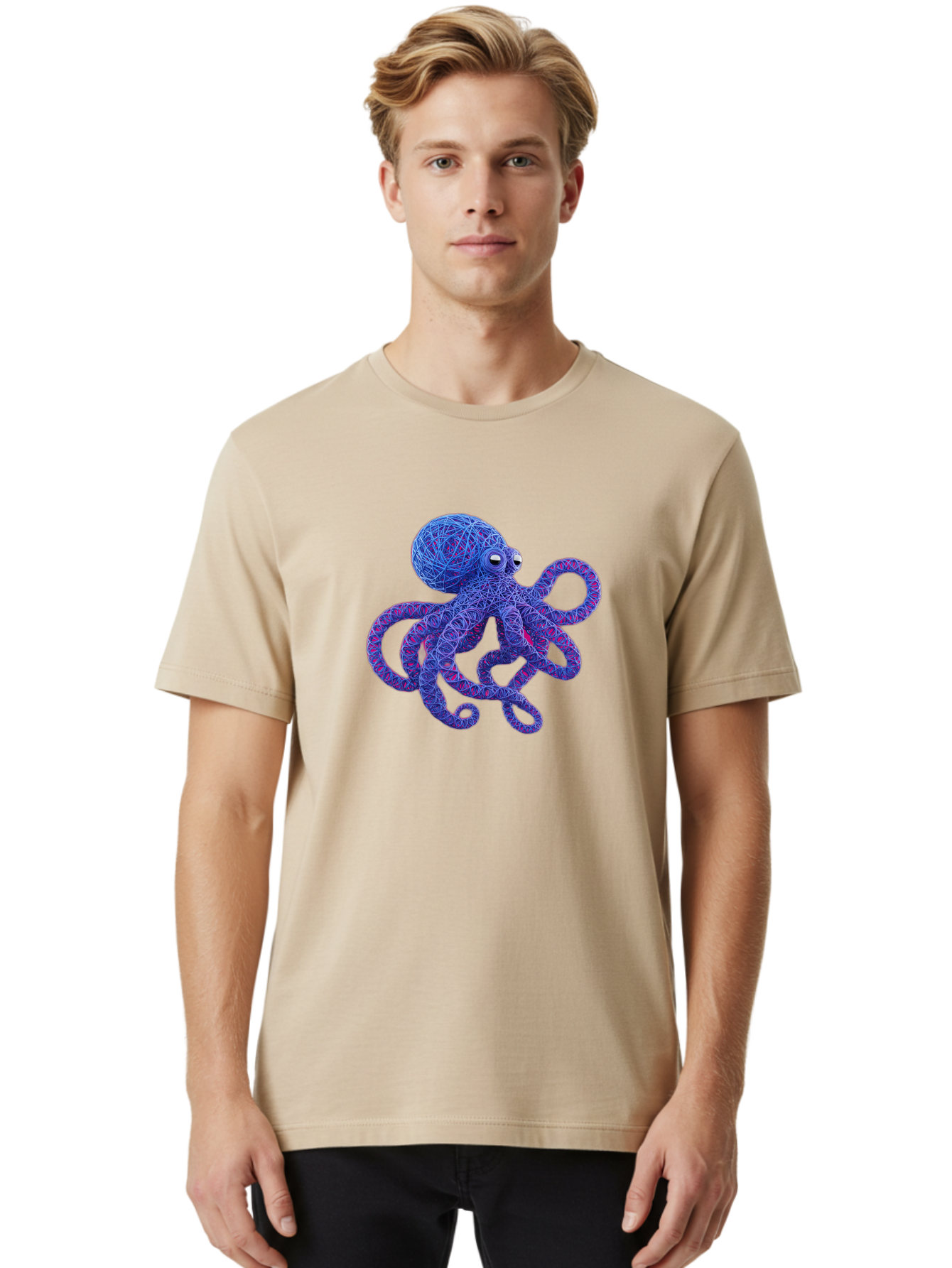 Octopus Men'S Graphic Tee, 100% Cotton, Comfortable Casual Summer Wear, Machine Washable, Colorful Octopus, String Art, Blue And Purple Hues, 3D Illustration, Whimsical Design, Underwater Creature, Artistic Representation, Creative Artwork, Bab049 24