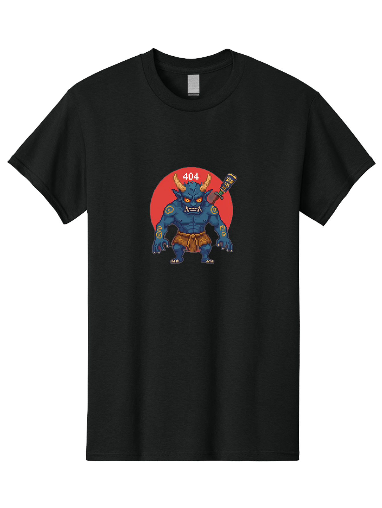 Oni-404 Men'S Graphic Tee, 100% Cotton, Comfortable Casual Summer Wear, Machine Washable, Blue Oni, Pixel Art Illustration, 8-Bit Style, Error 404, Red Circle Background, Gaming Aesthetic, Japanese Folklore, Cartoon Character, Bab051 13