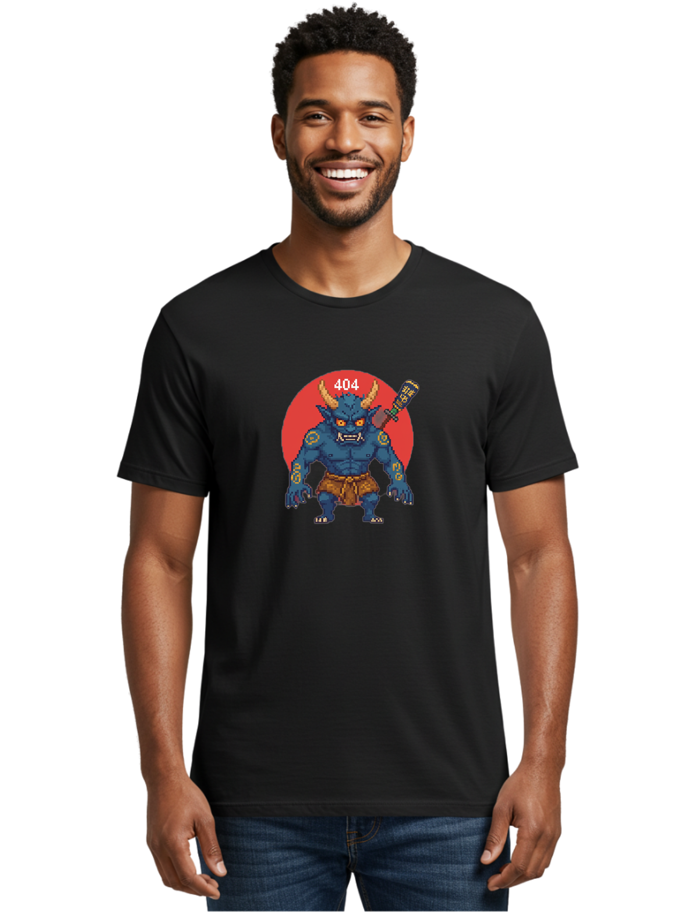 Oni-404 Men'S Graphic Tee, 100% Cotton, Comfortable Casual Summer Wear, Machine Washable, Blue Oni, Pixel Art Illustration, 8-Bit Style, Error 404, Red Circle Background, Gaming Aesthetic, Japanese Folklore, Cartoon Character, Bab051 14